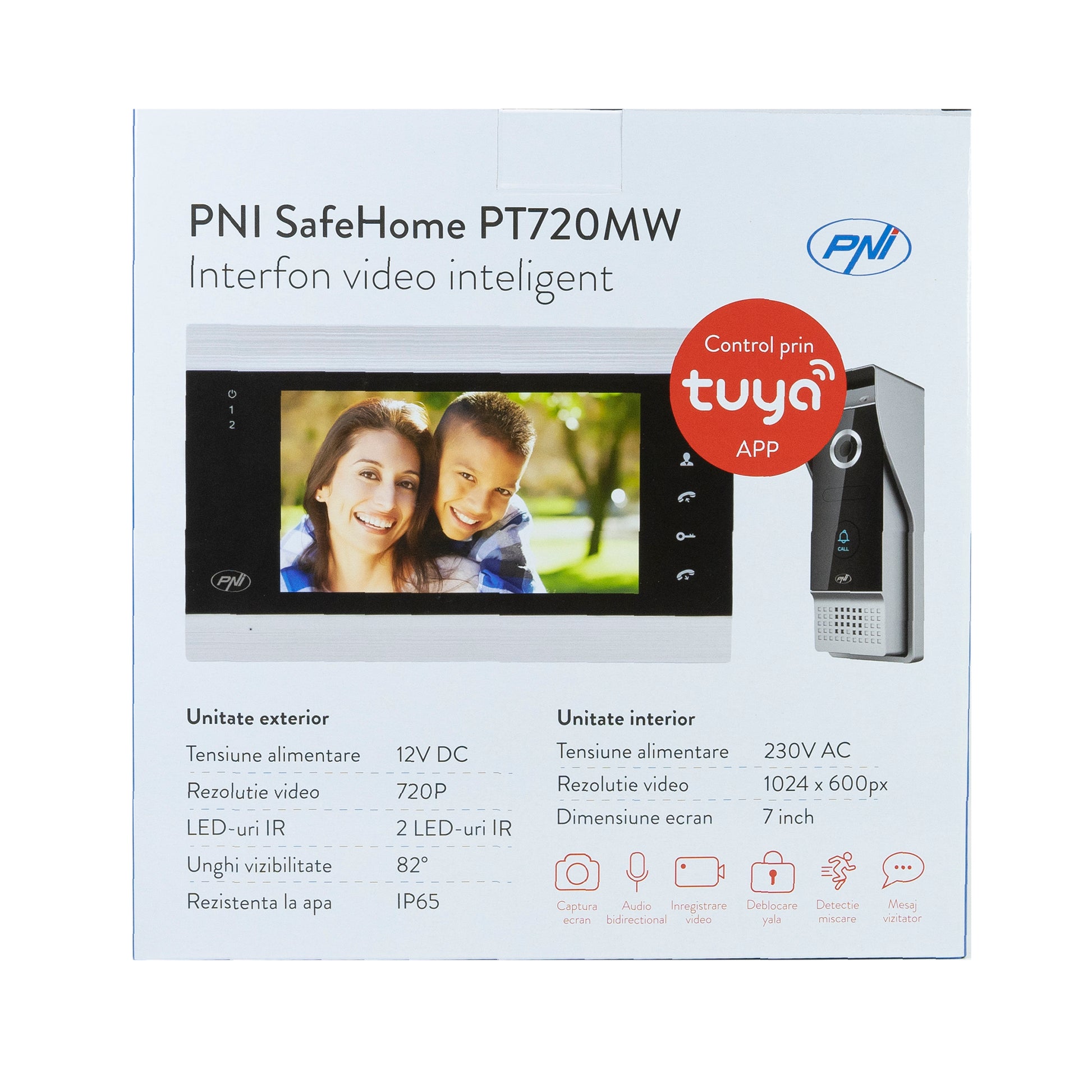 Interfon video inteligent PNI SafeHome PT720MW WiFi HD, P2P, monitor interior, aplicatie dedicata Tuya Smart, integrare in scenarii si automatizari smart cu alte produse compatibile Tuya