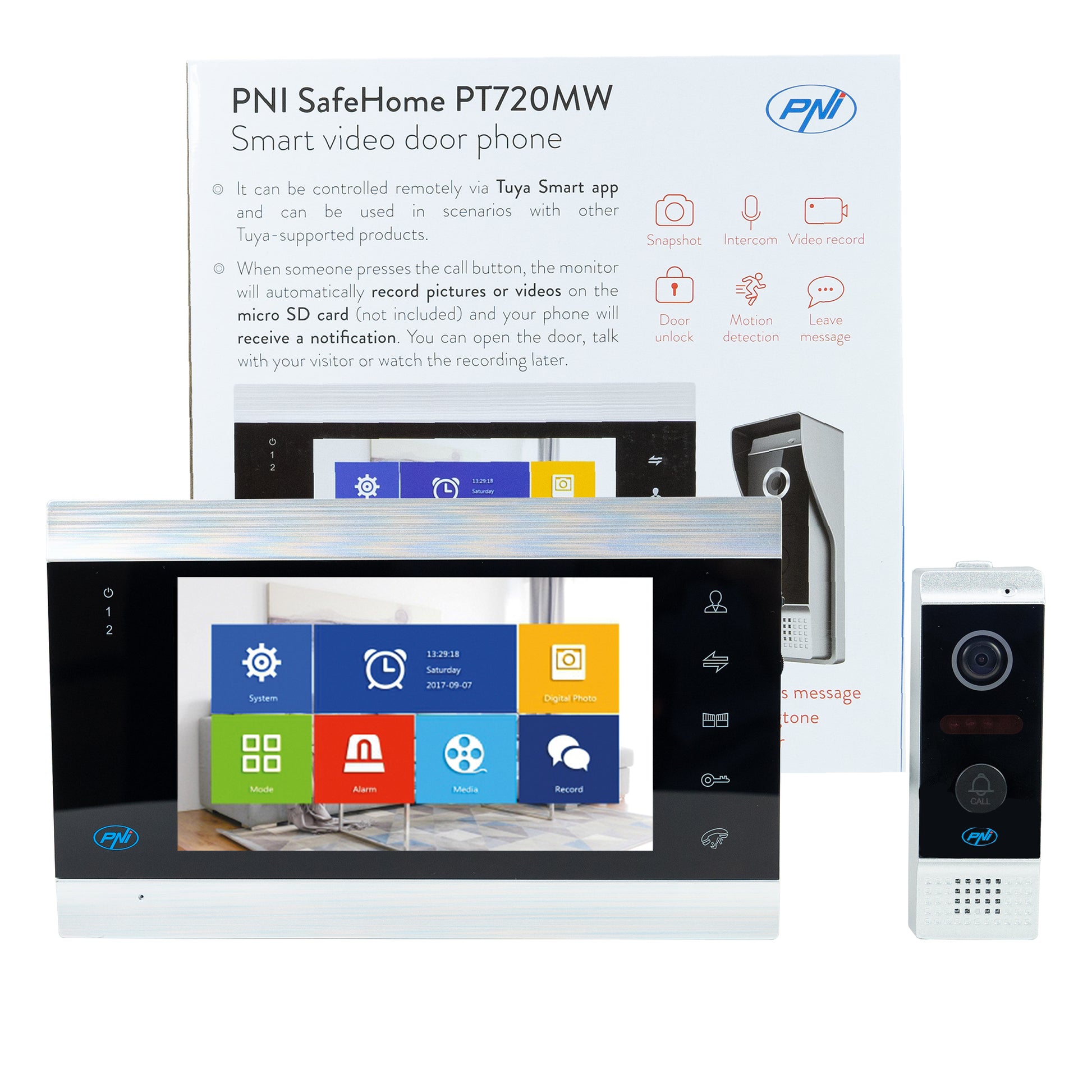 Interfon video inteligent PNI SafeHome PT720MW WiFi HD, P2P, monitor interior, aplicatie dedicata Tuya Smart, integrare in scenarii si automatizari smart cu alte produse compatibile Tuya