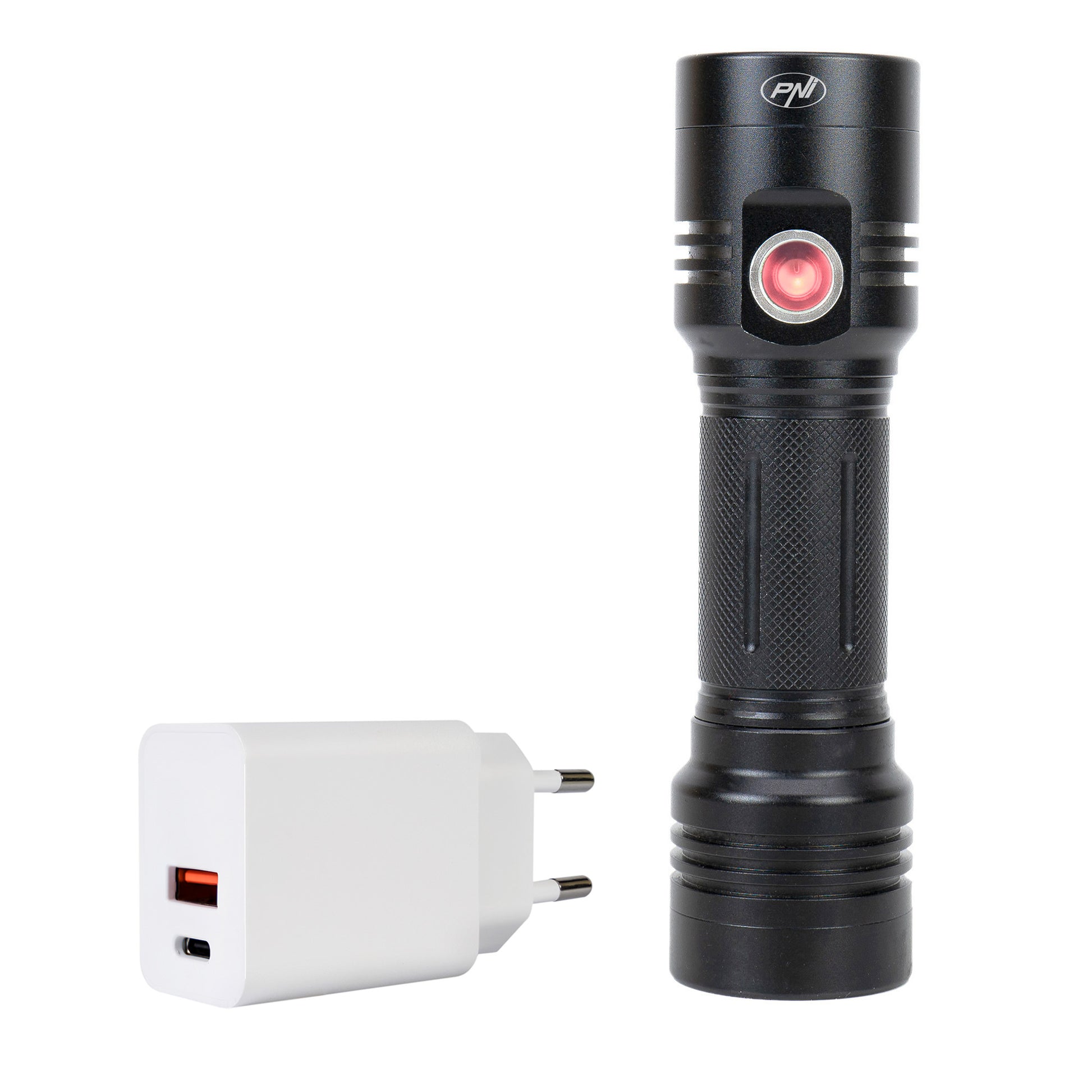 Pachet lanterna dubla PNI Adventure F200 din aluminiu cu LED, acumulator 4000mAh, 3 LED-uri cu deschidere mare si unul cu focus si alimentator PNI CHG300 cu port USB C, QC3.0, PD3.0, PPS si port USB-A, 30W