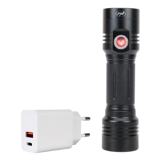 Pachet lanterna dubla PNI Adventure F200 din aluminiu cu LED, acumulator 4000mAh, 3 LED-uri cu deschidere mare si unul cu focus si alimentator PNI CHG300 cu port USB C, QC3.0, PD3.0, PPS si port USB-A, 30W