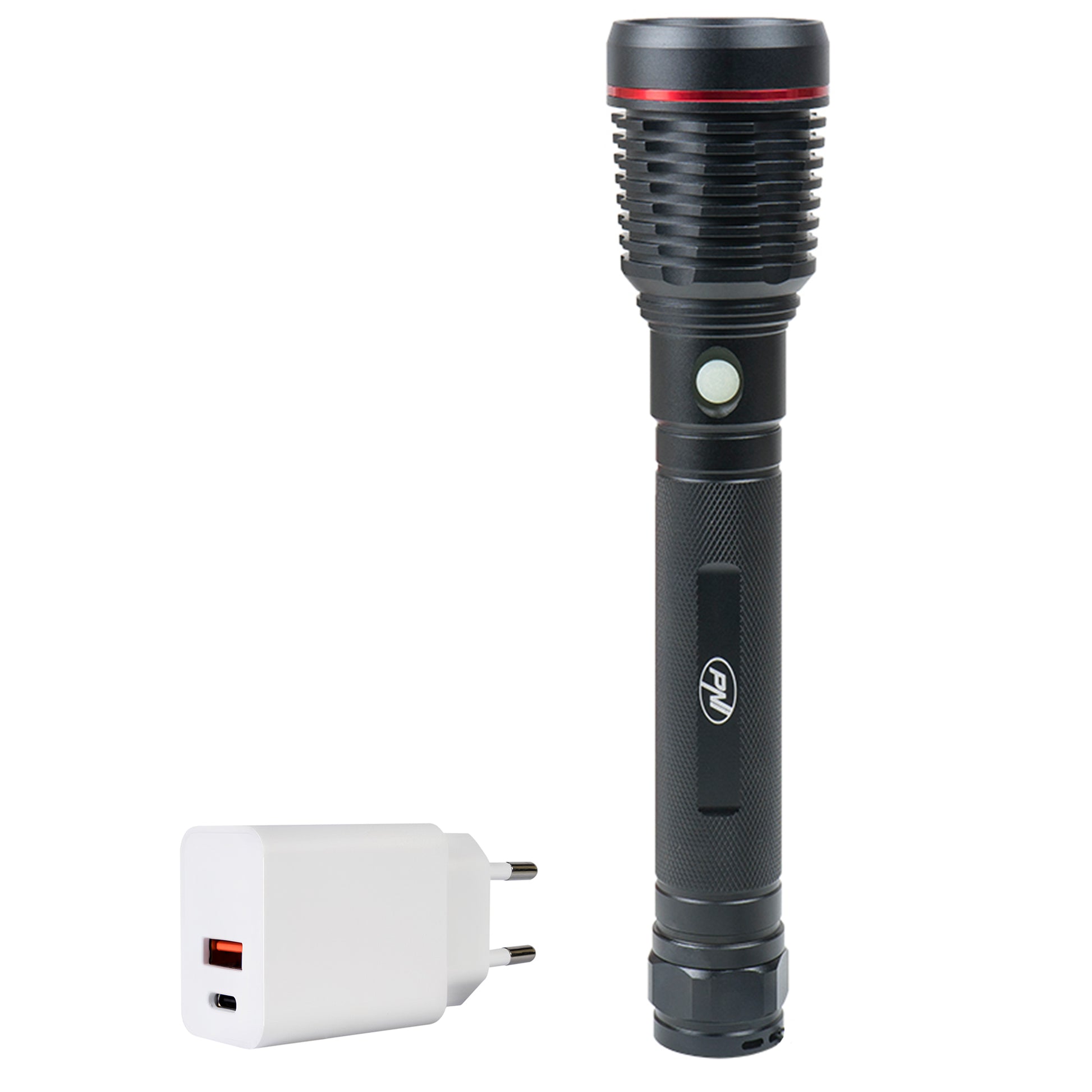 Pachet lanterna PNI Adventure F420 din aluminiu cu LED 10W, 1000lm, pana la 420m, cu 2 acumulatori inclusi, 8000 mAh tip 26650 si alimentator PNI CHG300 cu port USB C, QC3.0, PD3.0, PPS si port USB-A, 30W