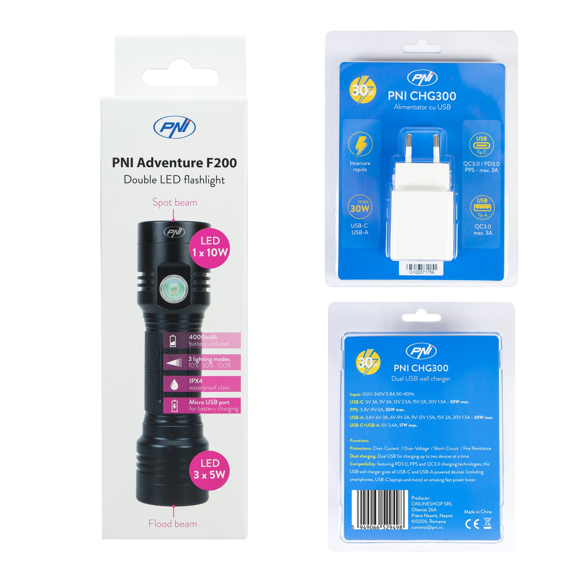 Pachet lanterna dubla PNI Adventure F200 din aluminiu cu LED, acumulator 4000mAh, 3 LED-uri cu deschidere mare si unul cu focus si alimentator PNI CHG300 cu port USB C, QC3.0, PD3.0, PPS si port USB-A, 30W