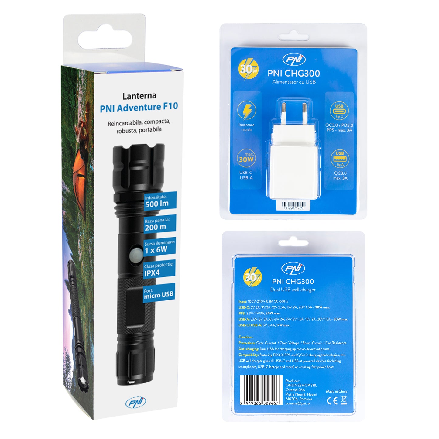 Pachet lanterna PNI Adventure F10 din aluminiu cu LED 6W, 500lm pana la 200m focus, cu acumulator si alimentator PNI CHG300 cu port USB C, QC3.0, PD3.0, PPS si port USB-A, 30W