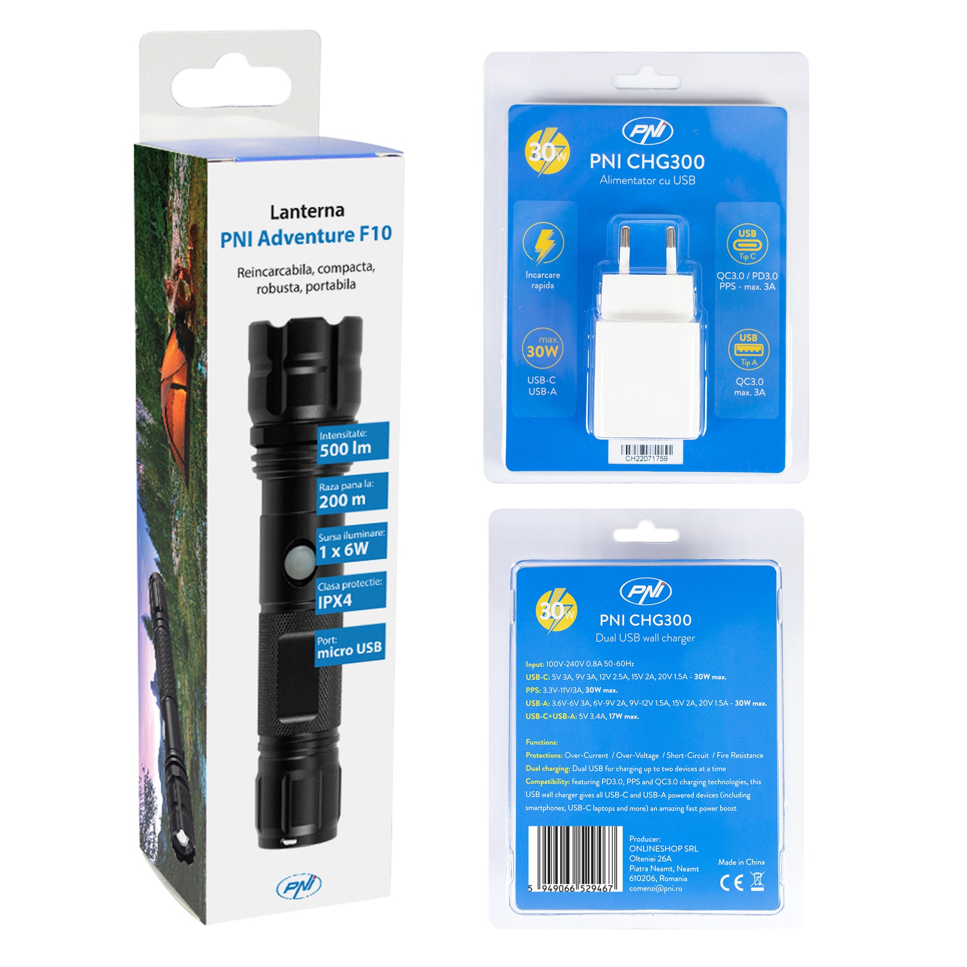 Pachet lanterna PNI Adventure F10 din aluminiu cu LED 6W, 500lm pana la 200m focus, cu acumulator si alimentator PNI CHG300 cu port USB C, QC3.0, PD3.0, PPS si port USB-A, 30W