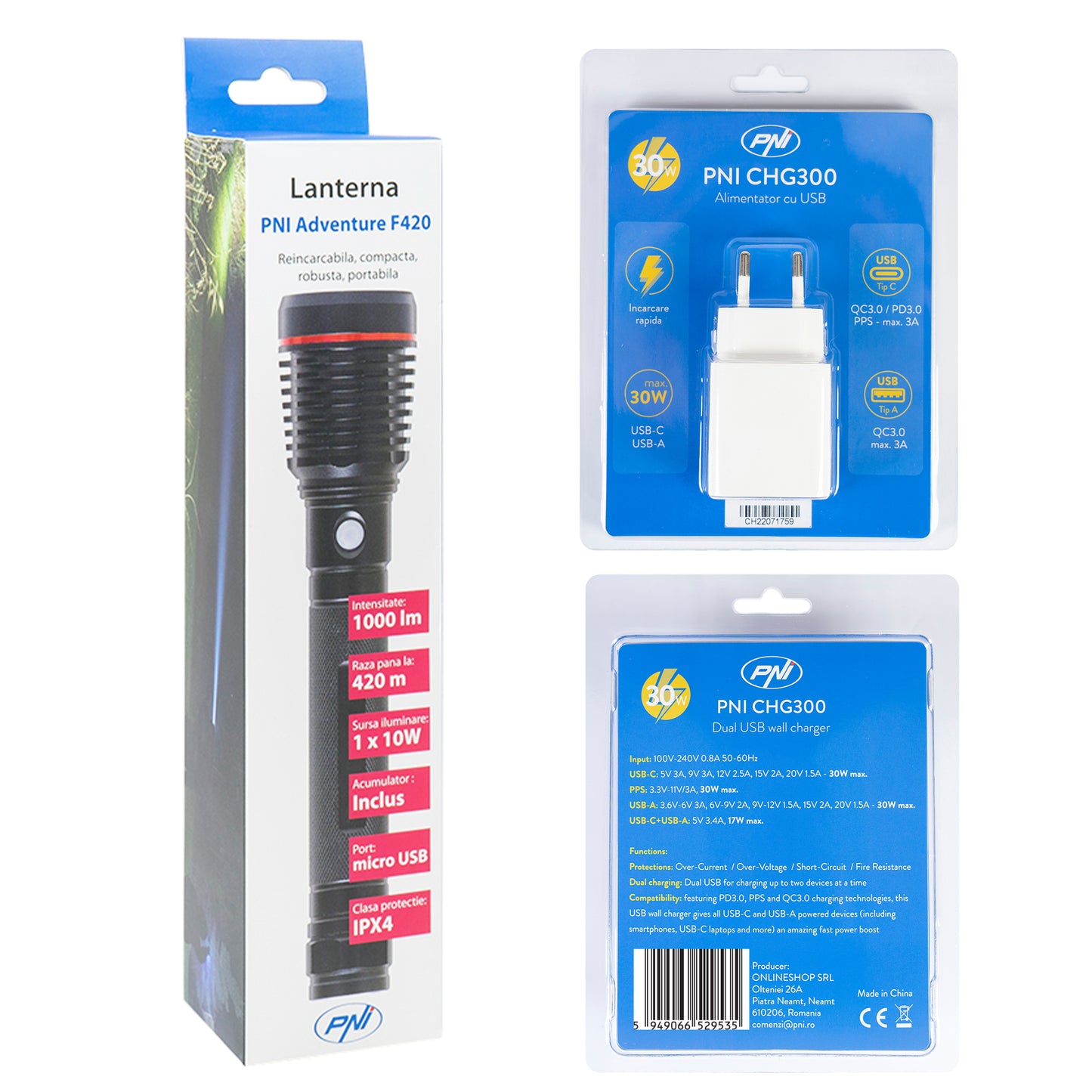 Pachet lanterna PNI Adventure F420 din aluminiu cu LED 10W, 1000lm, pana la 420m, cu 2 acumulatori inclusi, 8000 mAh tip 26650 si alimentator PNI CHG300 cu port USB C, QC3.0, PD3.0, PPS si port USB-A, 30W