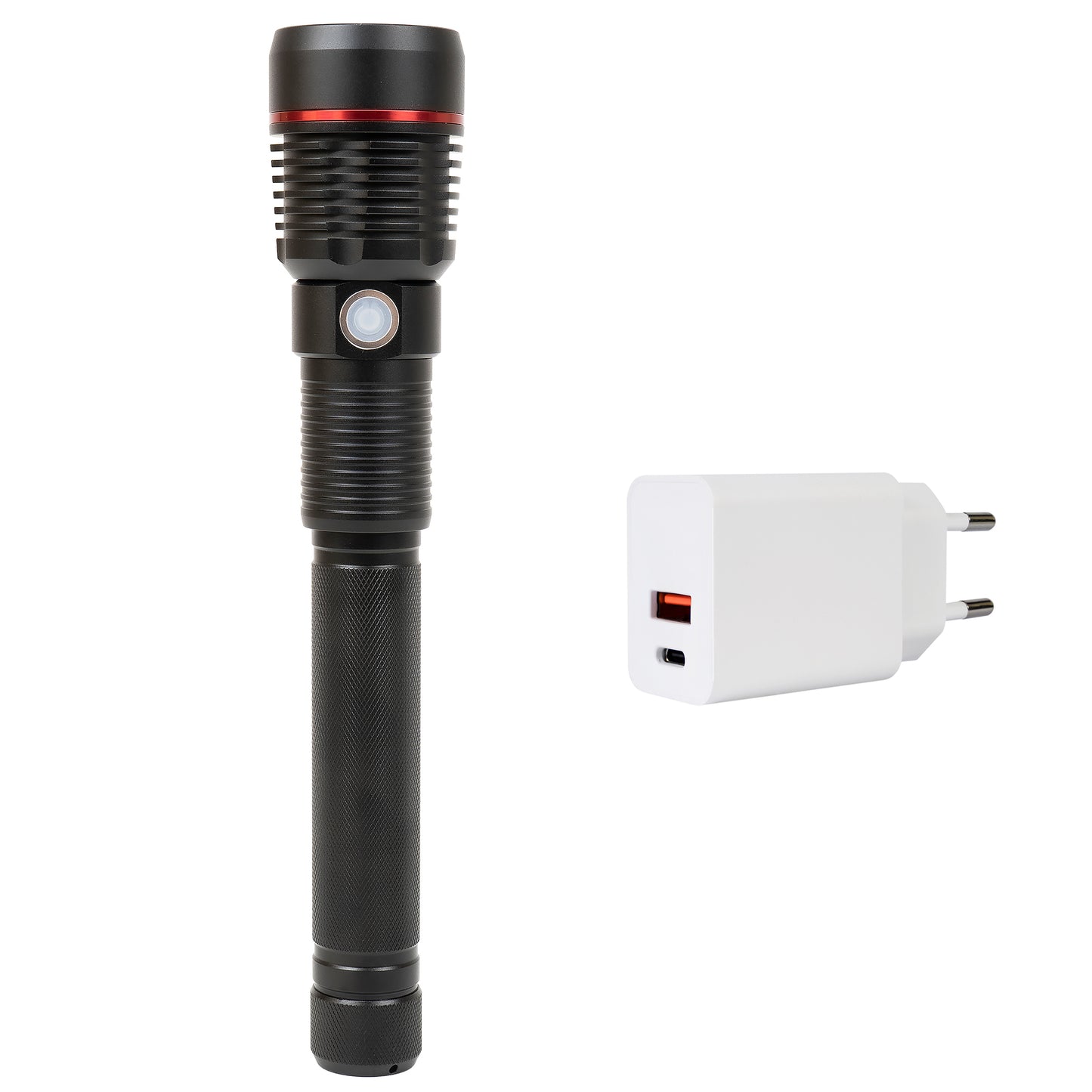 Lanterna PNI Adventure F450 din aluminiu, cu functie focus, BOOST, LED 20 W, 1500 lm pana la 450 m, 4400 mAh, IPX5, cu alimentator PNI CHG300 inclus