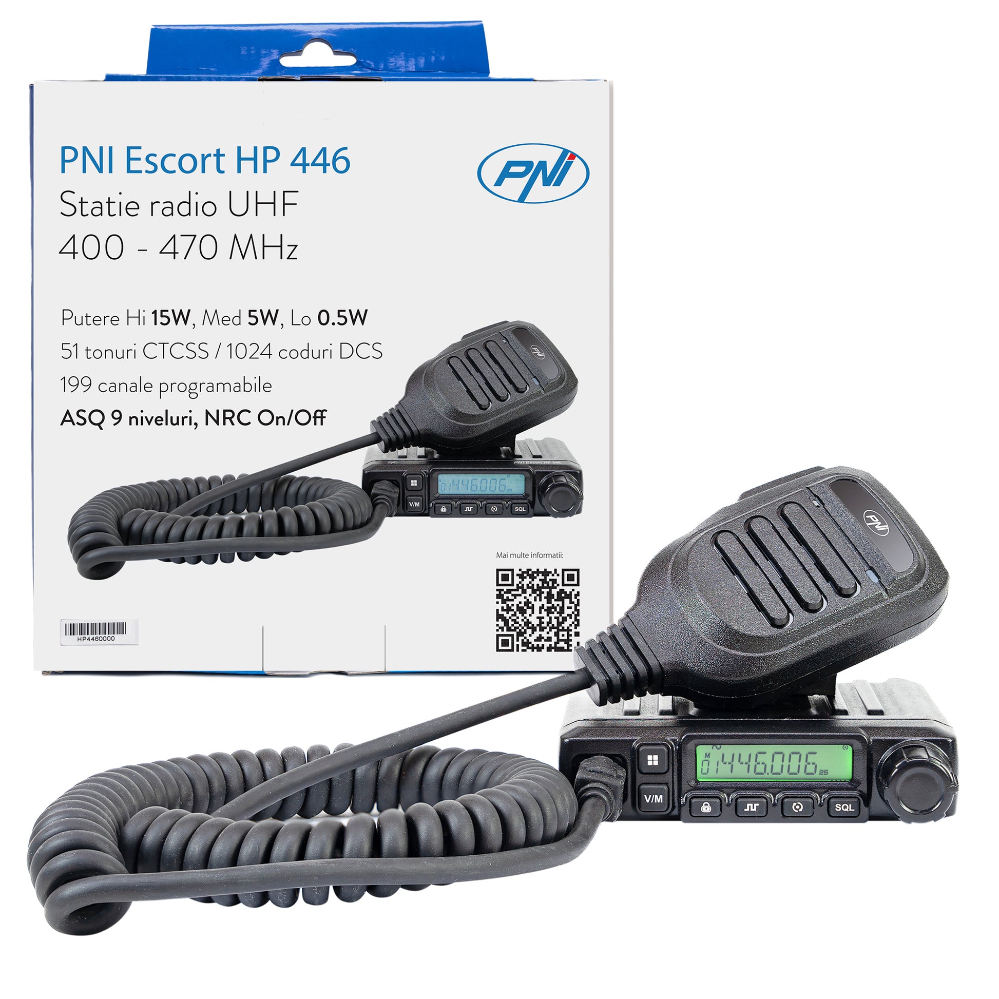 Statie radio UHF PNI Escort HP 446, 199 canale, ASQ 9 niveluri, Scan, Dual Watch, CTCSS-DCS, putere 0.5W la 15W, functie NRC