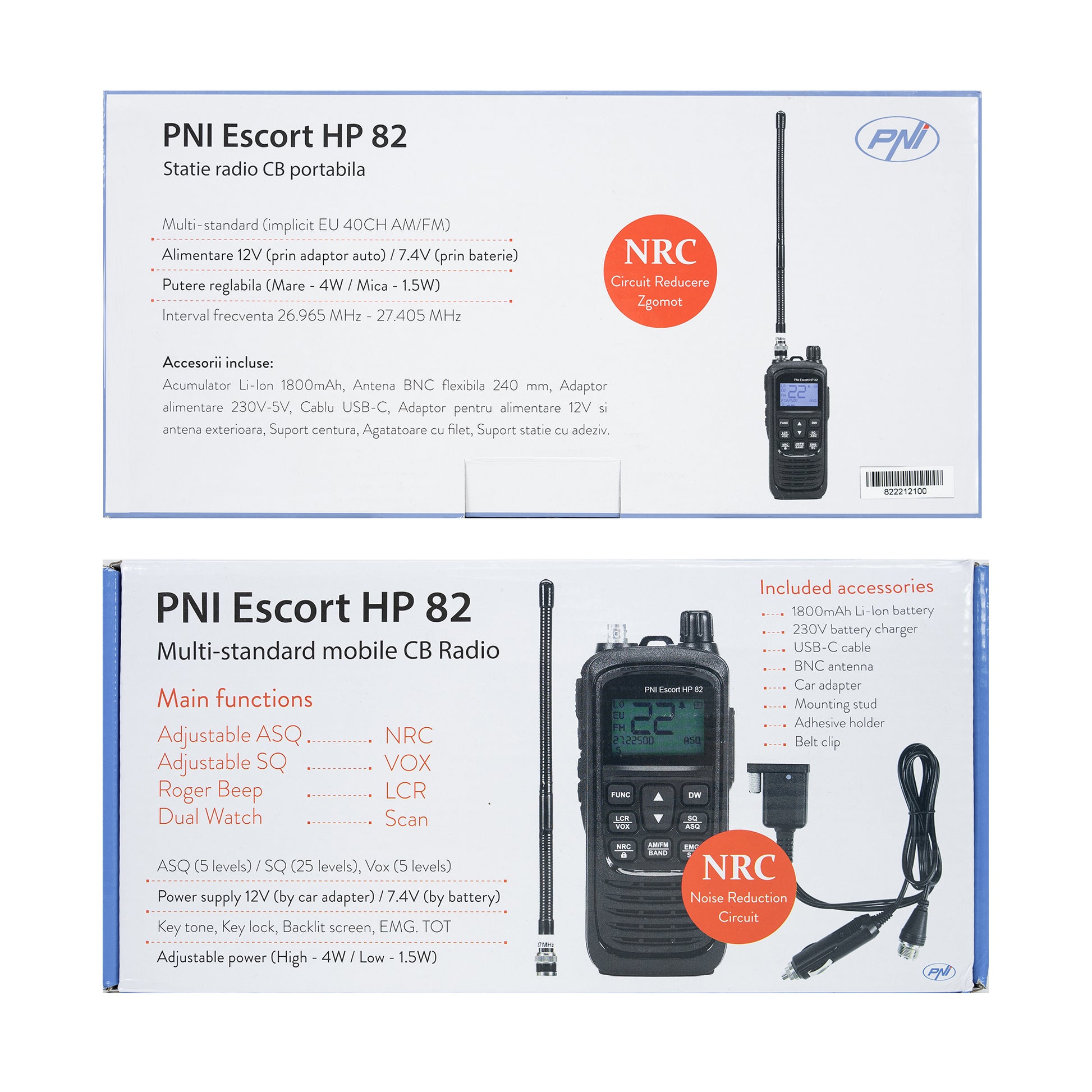 Statie radio CB portabila PNI Escort HP 82, multi standard, 4W, 12V, AM-FM, NRC, Dual Watch, Roger Beep, ASQ SQ reglabil, VOX