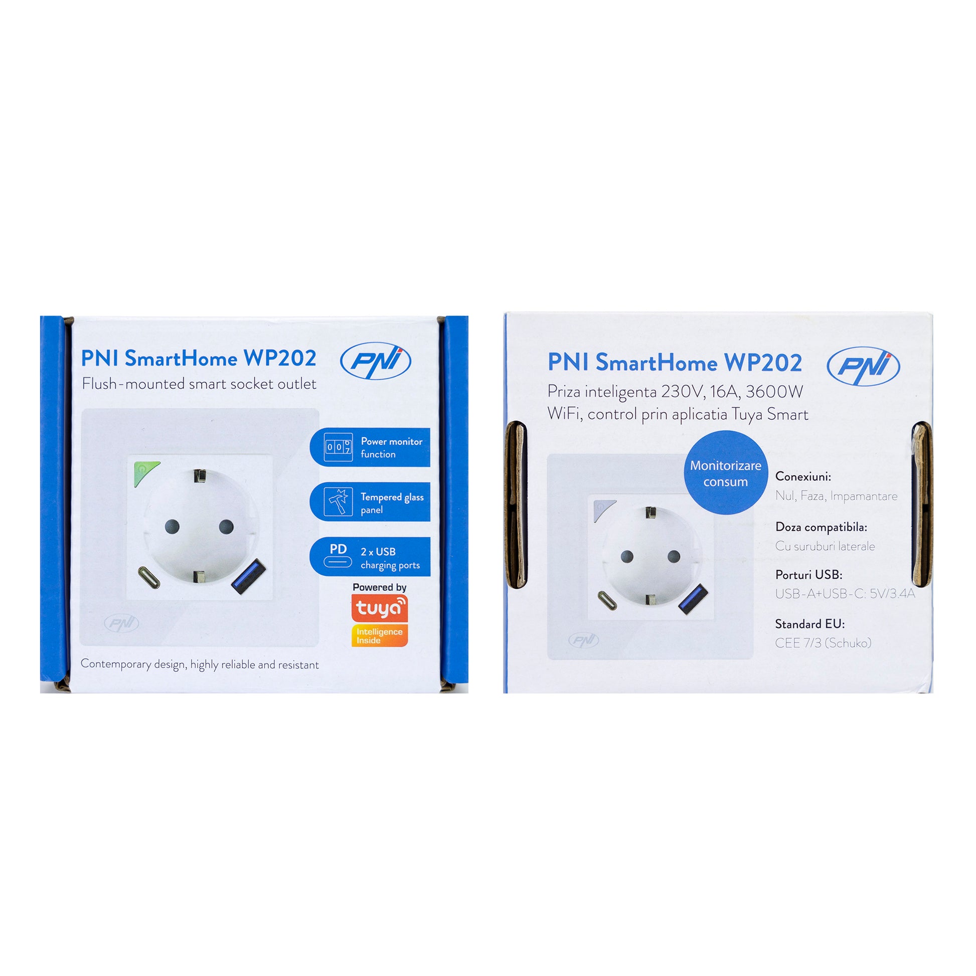 Priza inteligenta PNI SmartHome WP202 WiFi, montaj ingropat, control prin internet, aplicatie dedicata Tuya Smart, compatibila Amazon Alexa si Google Home