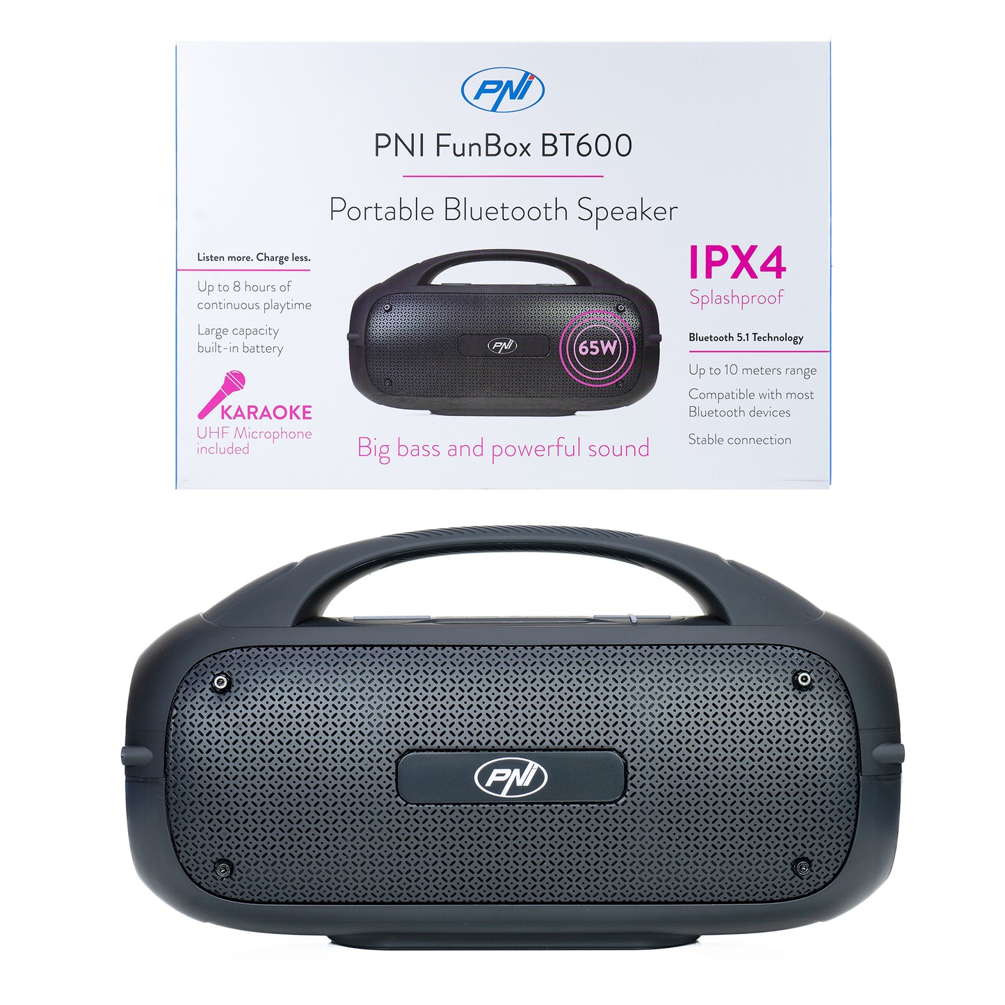 Boxa portabila PNI FunBox BT600, cu Bluetooth, 65W, MP3 player, cititor card, USB, microfon fara fir, acumulator 4400mAh, IPX4