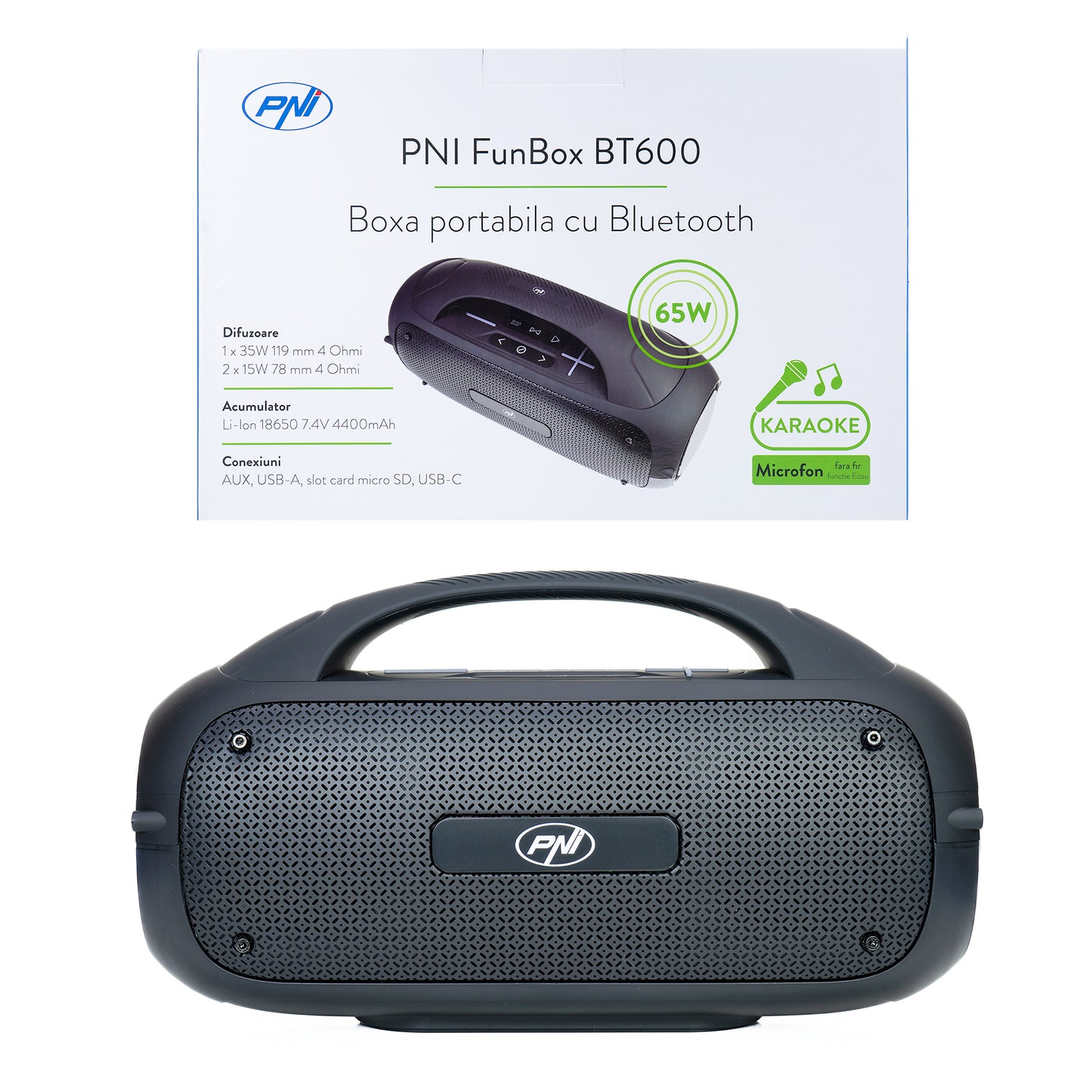 Boxa portabila PNI FunBox BT600, cu Bluetooth, 65W, MP3 player, cititor card, USB, microfon fara fir, acumulator 4400mAh, IPX4