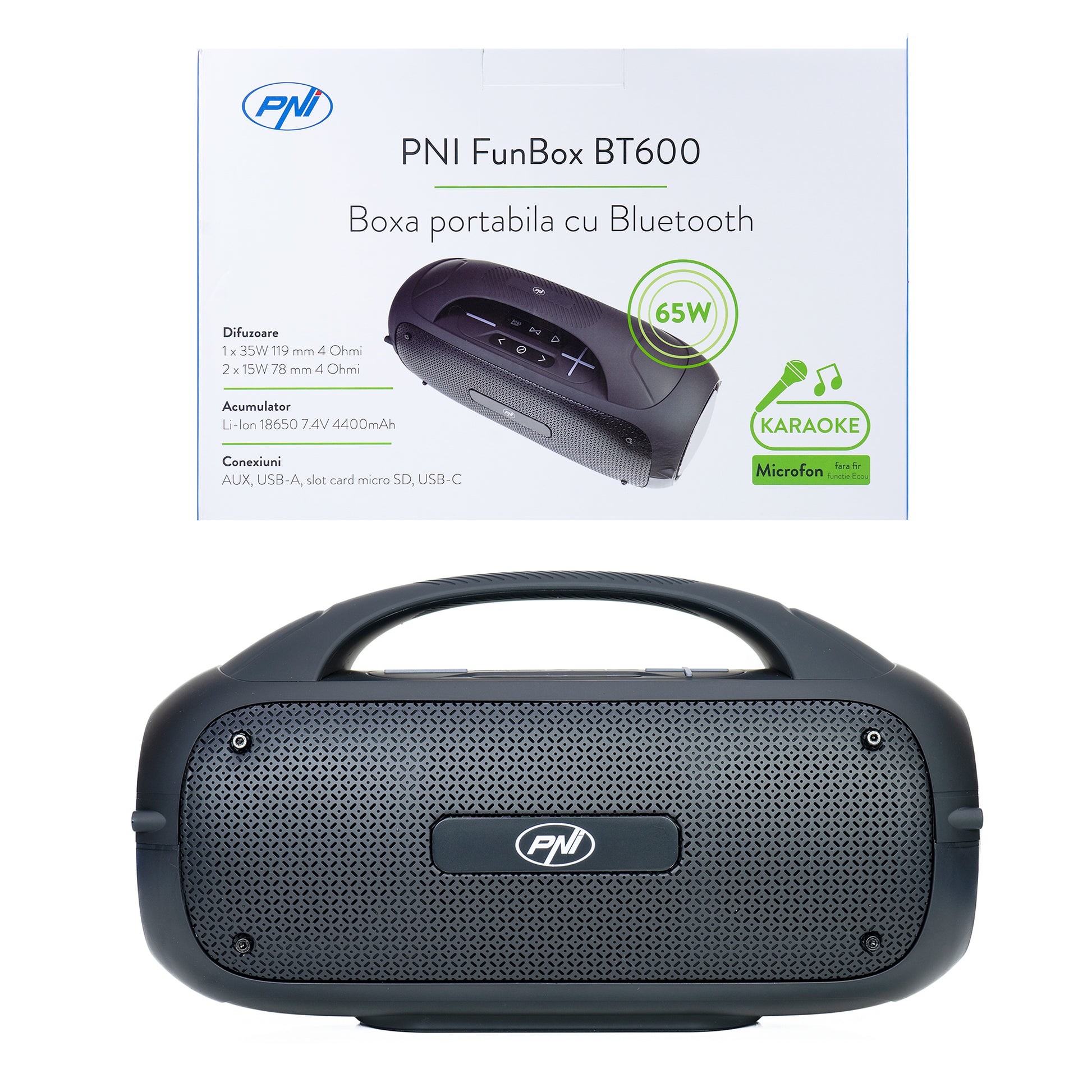Boxa portabila PNI FunBox BT600, cu Bluetooth, 65W, MP3 player, cititor card, USB, microfon fara fir, acumulator 4400mAh, IPX4