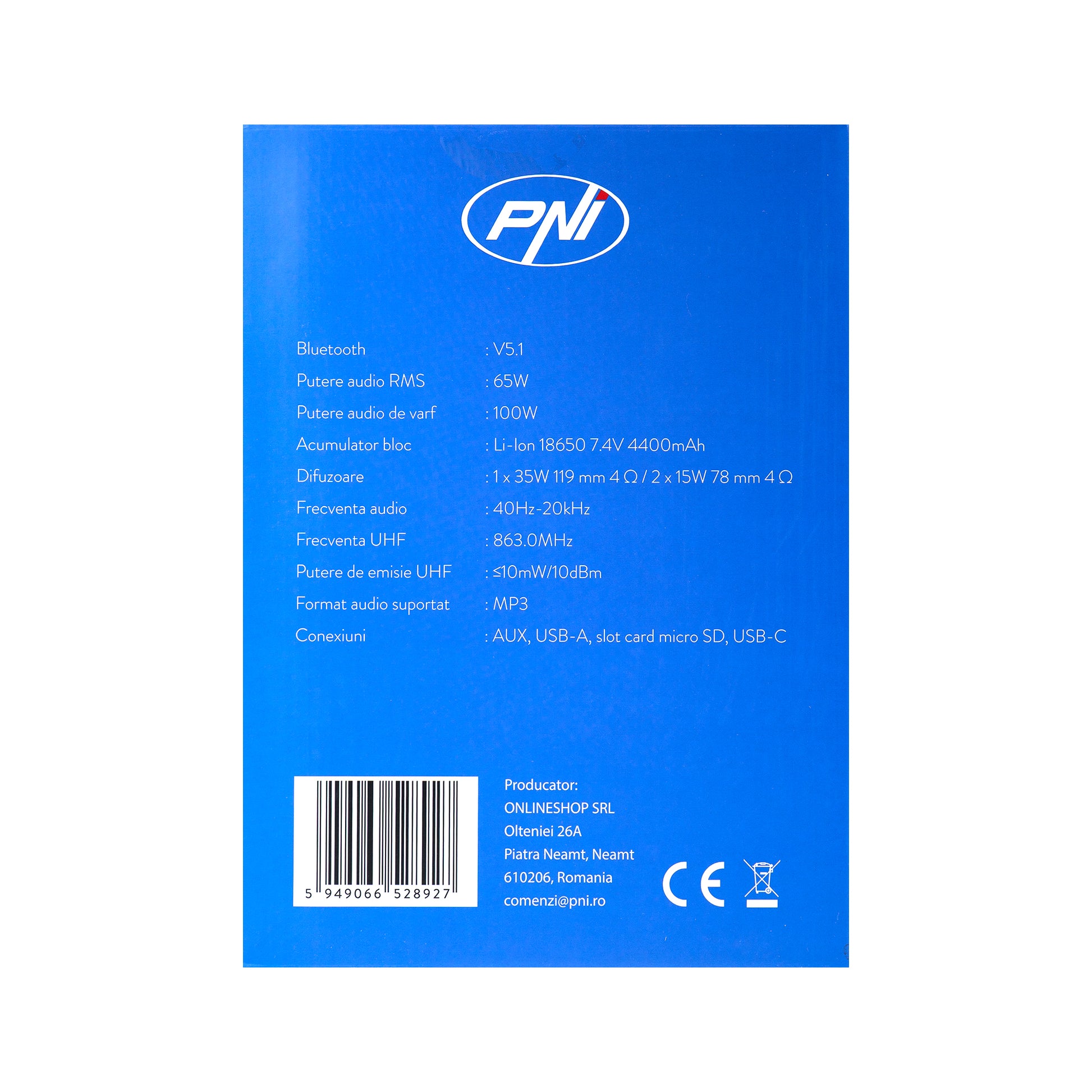 Boxa portabila PNI FunBox BT600, cu Bluetooth, 65W, MP3 player, cititor card, USB, microfon fara fir, acumulator 4400mAh, IPX4