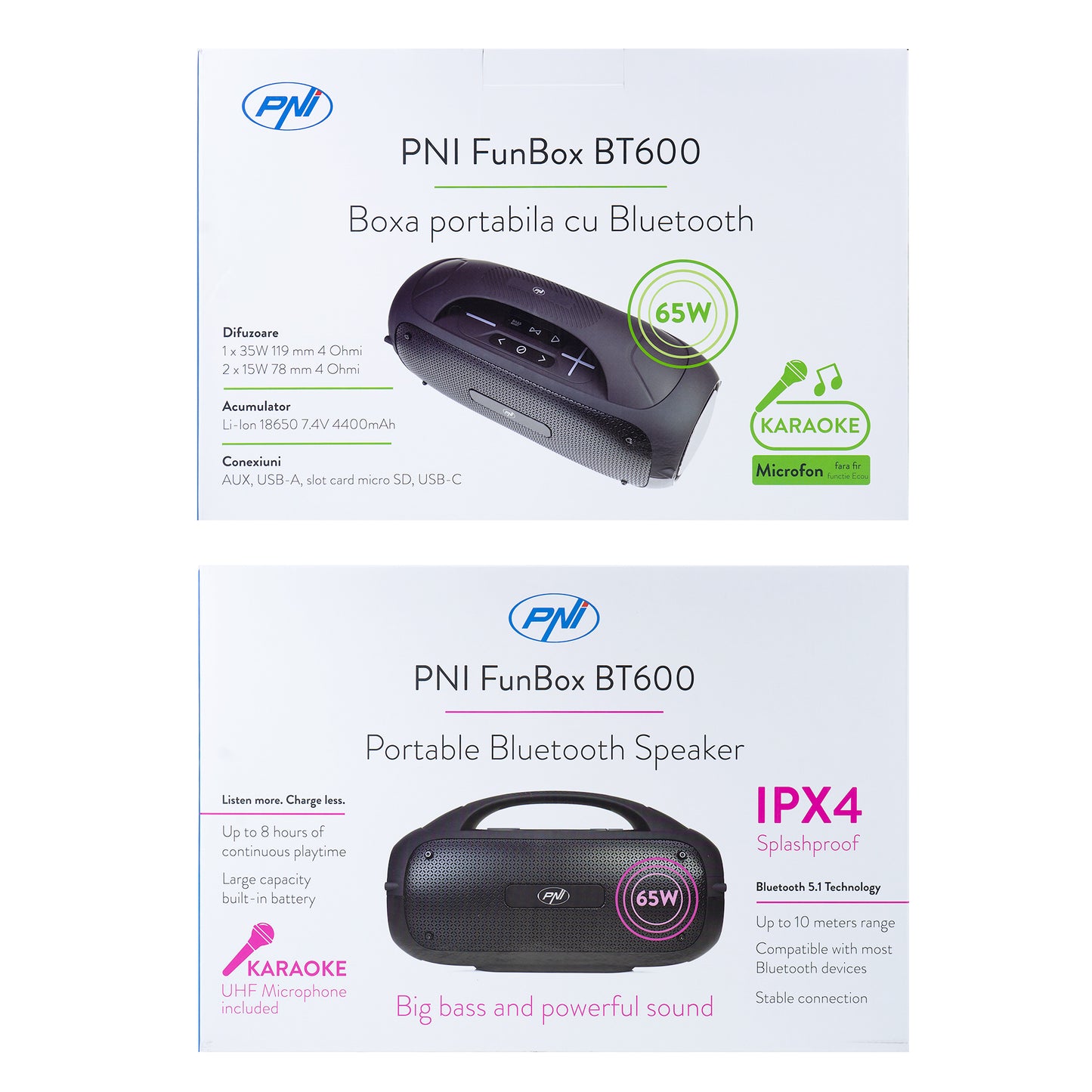 Boxa portabila PNI FunBox BT600, cu Bluetooth, 65W, MP3 player, cititor card, USB, microfon fara fir, acumulator 4400mAh, IPX4