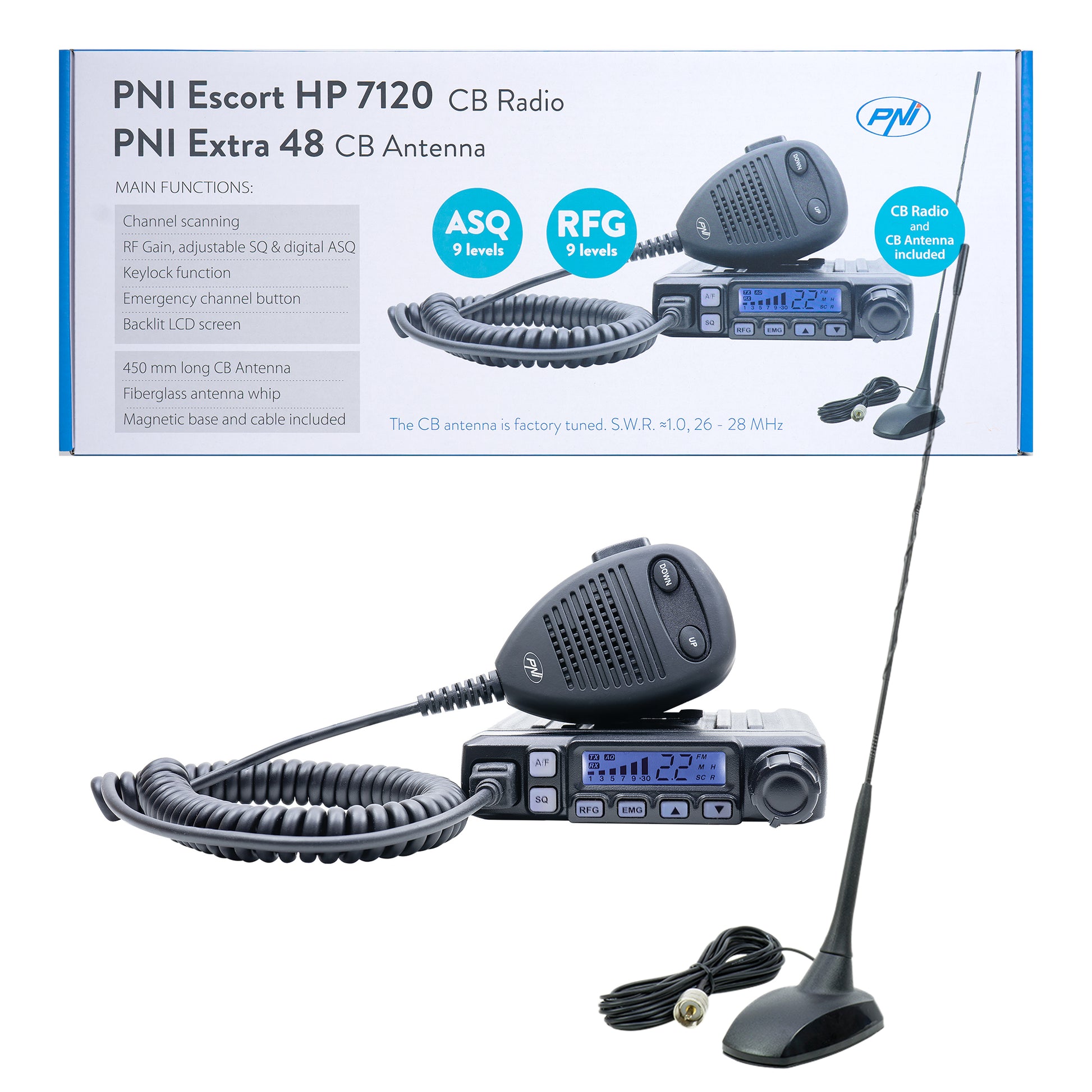 Kit statie radio CB PNI Escort HP 7120 ASQ, RF Gain, 4W, 12V si antena CB PNI Extra 48 cu magnet inclus, 45cm, SWR 1.0 AM/FM comutati doar in banda EU