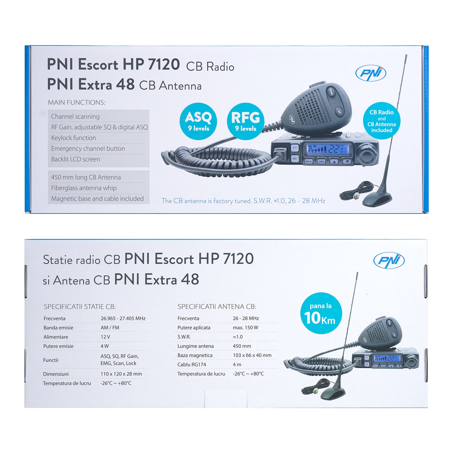 Kit statie radio CB PNI Escort HP 7120 ASQ, RF Gain, 4W, 12V si antena CB PNI Extra 48 cu magnet inclus, 45cm, SWR 1.0 AM/FM comutati doar in banda EU