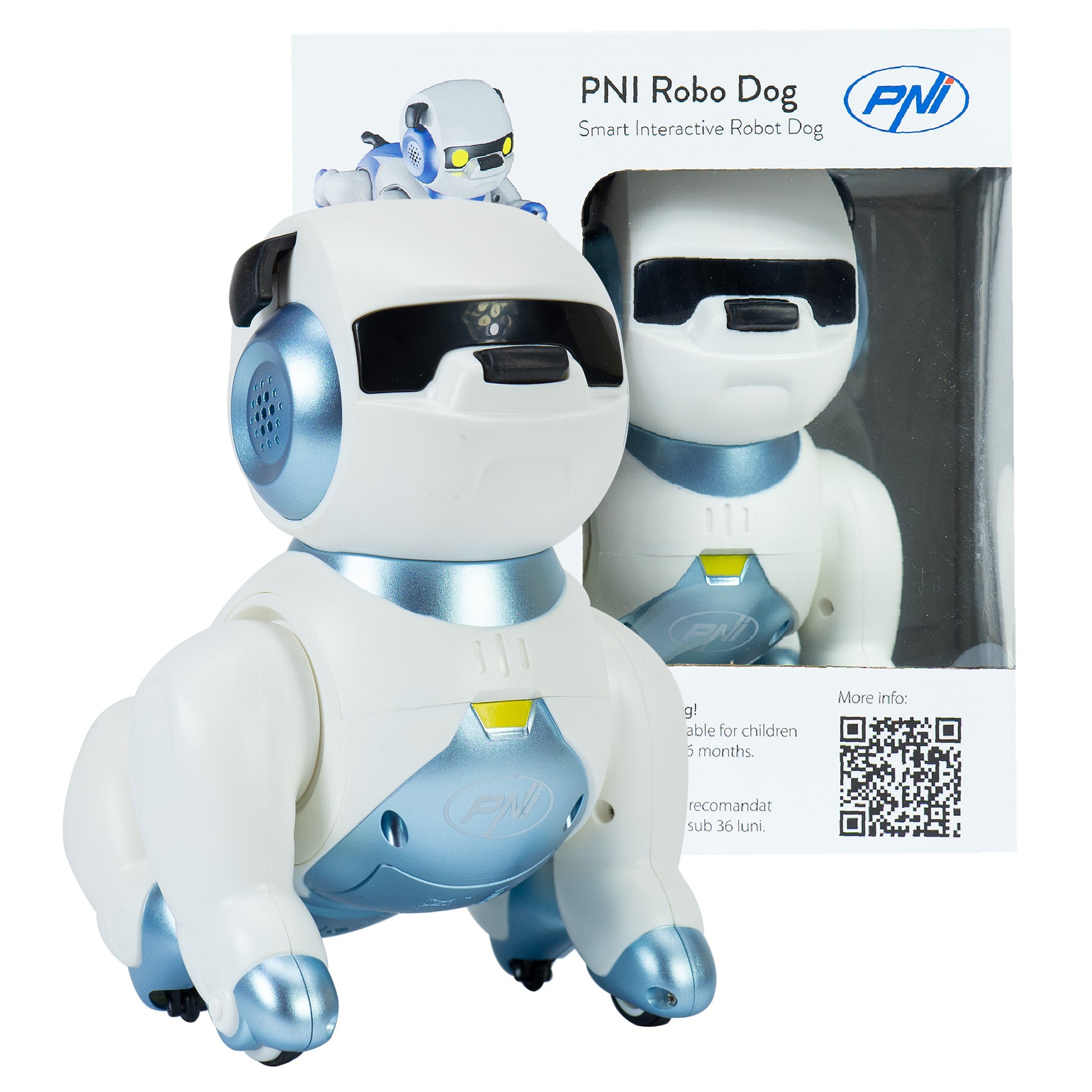 Robot inteligent interactiv PNI Robo Dog, control vocal, butoane tactile, alb-albastru, acumulator inclus 3.7V 350mAh