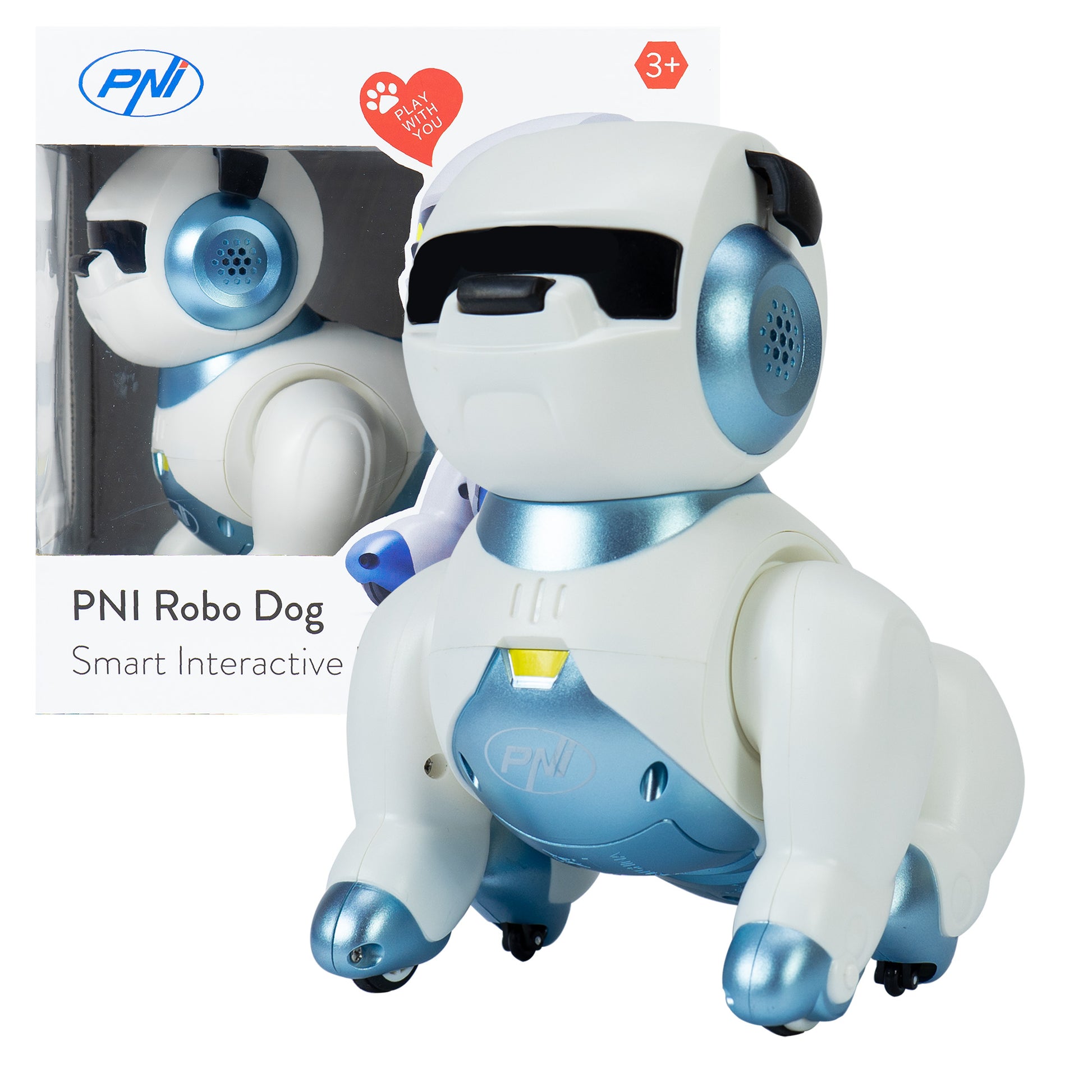 Robot inteligent interactiv PNI Robo Dog, control vocal, butoane tactile, alb-albastru, acumulator inclus 3.7V 350mAh