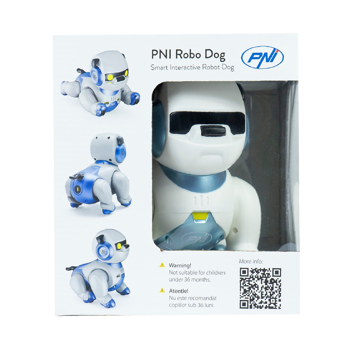 Robot inteligent interactiv PNI Robo Dog, control vocal, butoane tactile, alb-albastru, acumulator inclus 3.7V 350mAh