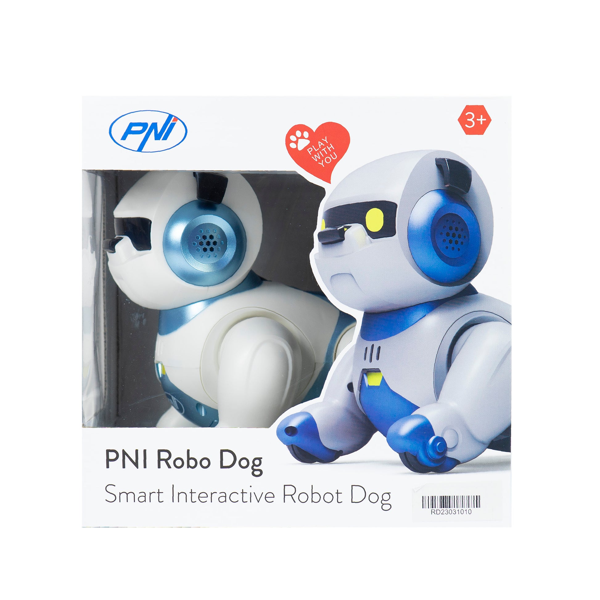 Robot inteligent interactiv PNI Robo Dog, control vocal, butoane tactile, alb-albastru, acumulator inclus 3.7V 350mAh
