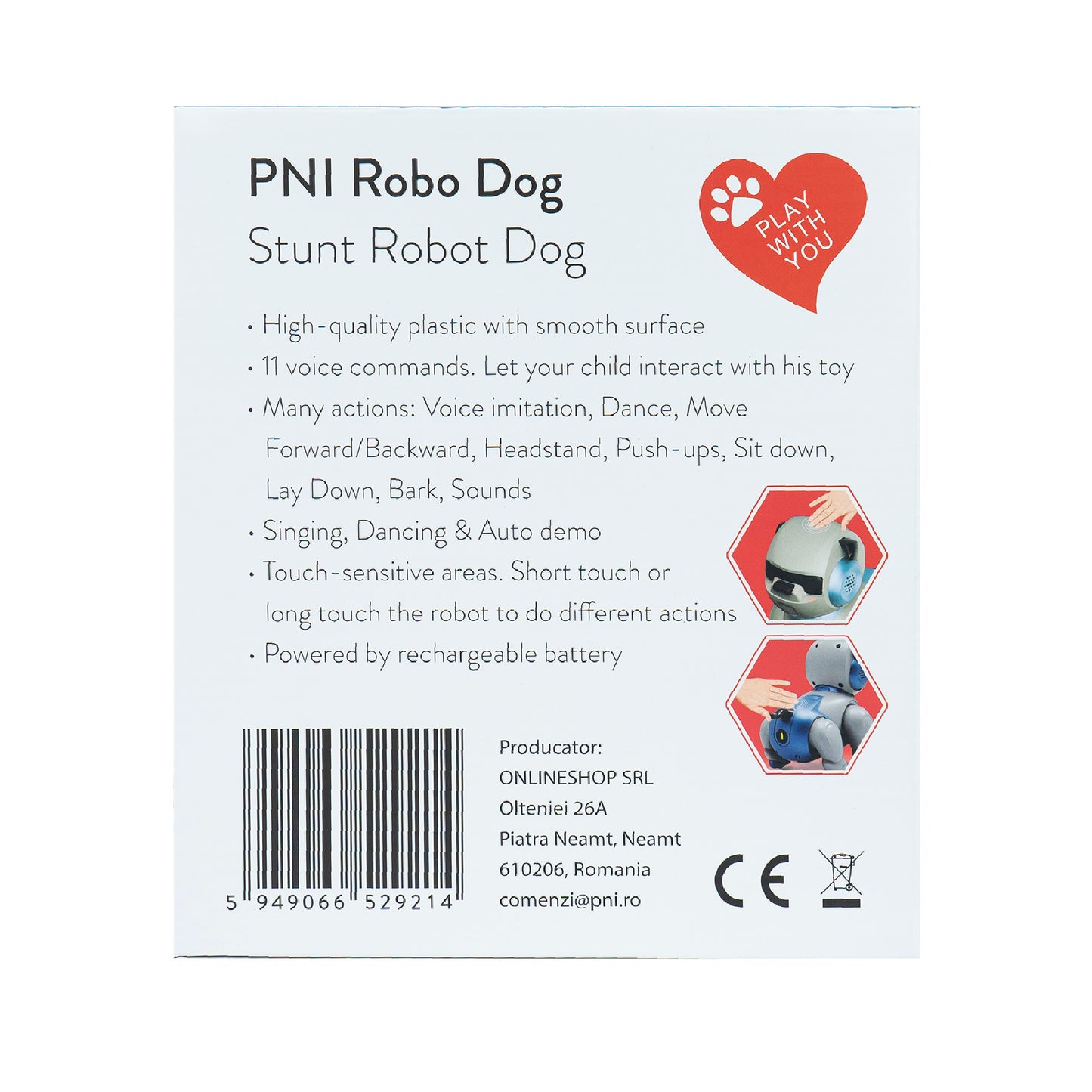 Robot inteligent interactiv PNI Robo Dog, control vocal, butoane tactile, alb-albastru, acumulator inclus 3.7V 350mAh