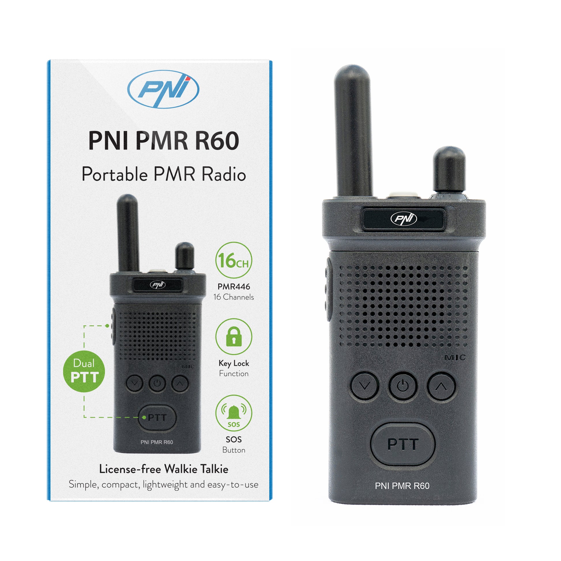 Statie radio portabila PNI PMR R60 446MHz, 0.5W, 16 canale programabile, 16 PMR si tonuri 50 CTCSS si 104 DCS, Scan, blocare taste, SOS, Monitor, acumulator 1200mAh