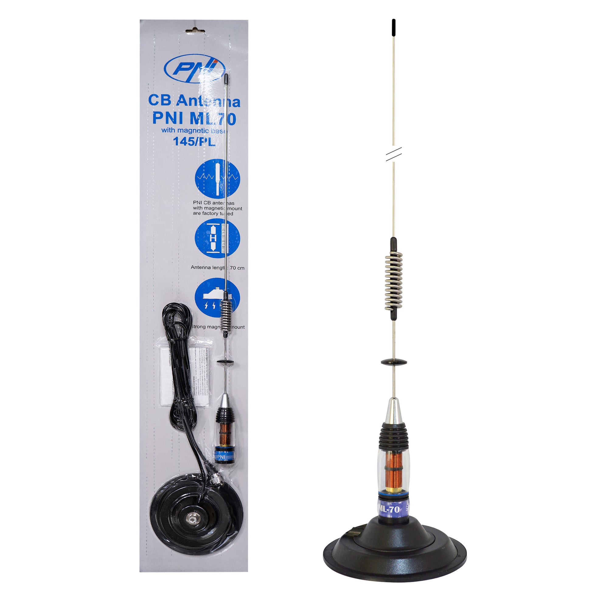 Antena CB PNI ML70 lungime 70cm, 26-30MHz, 200W, magnet 145 mm inclus