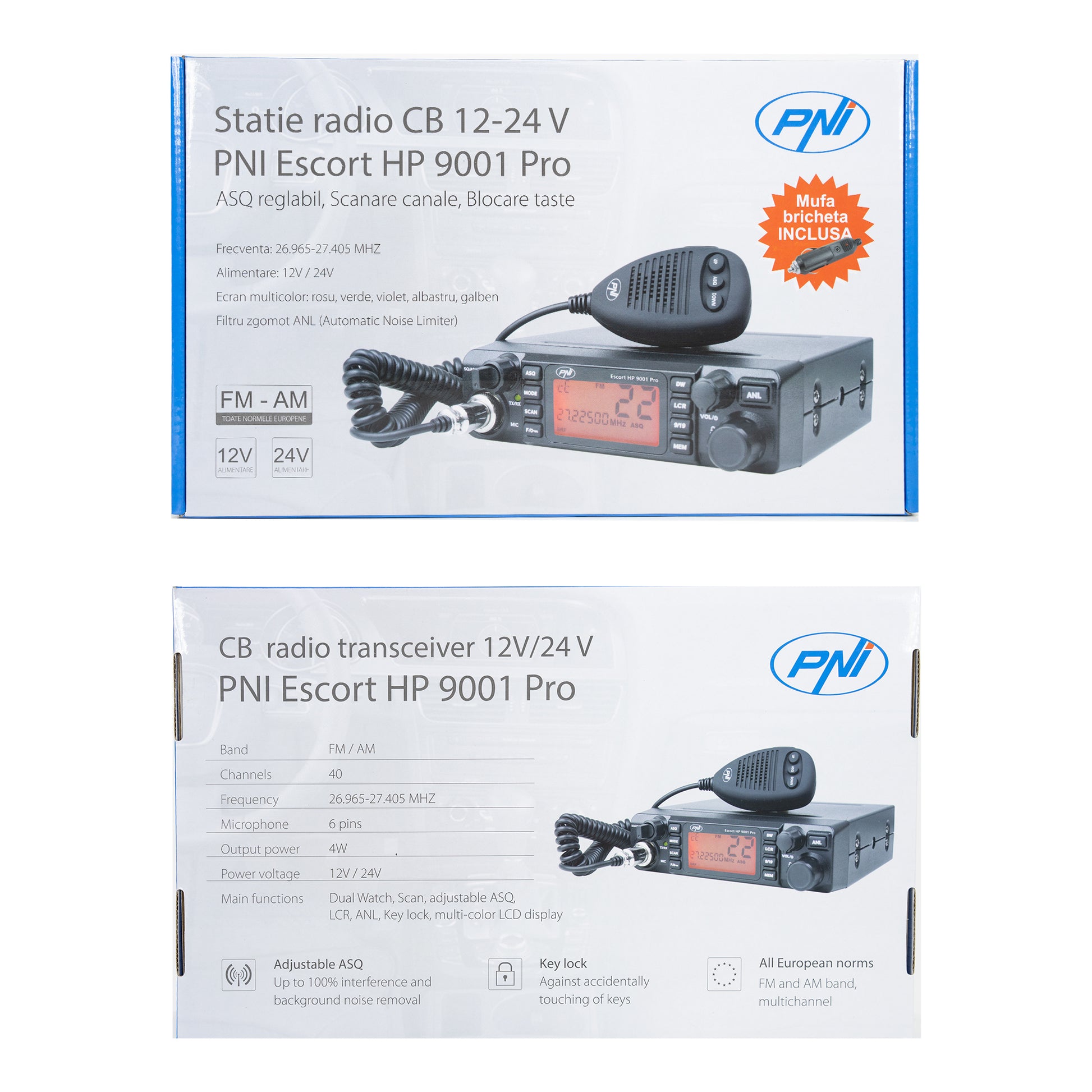 Statie radio CB PNI Escort HP 9001 PRO ASQ reglabil, AM-FM, 12V/24V, 4W, Scan, Dual Watch, ANL, ecran multicolor