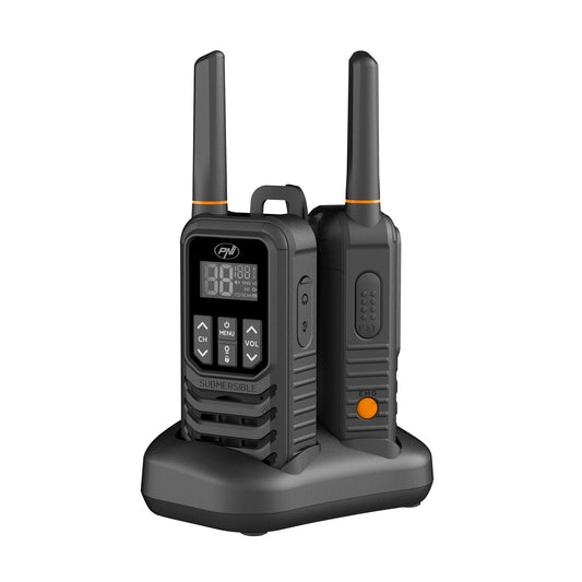 Statie radio portabila PNI PMR R80 PRO, set cu 2 bucati, 0.5W, 16 canale, Waterproof IP67, cu lanterna LED, buton SOS, VOX, USB-C