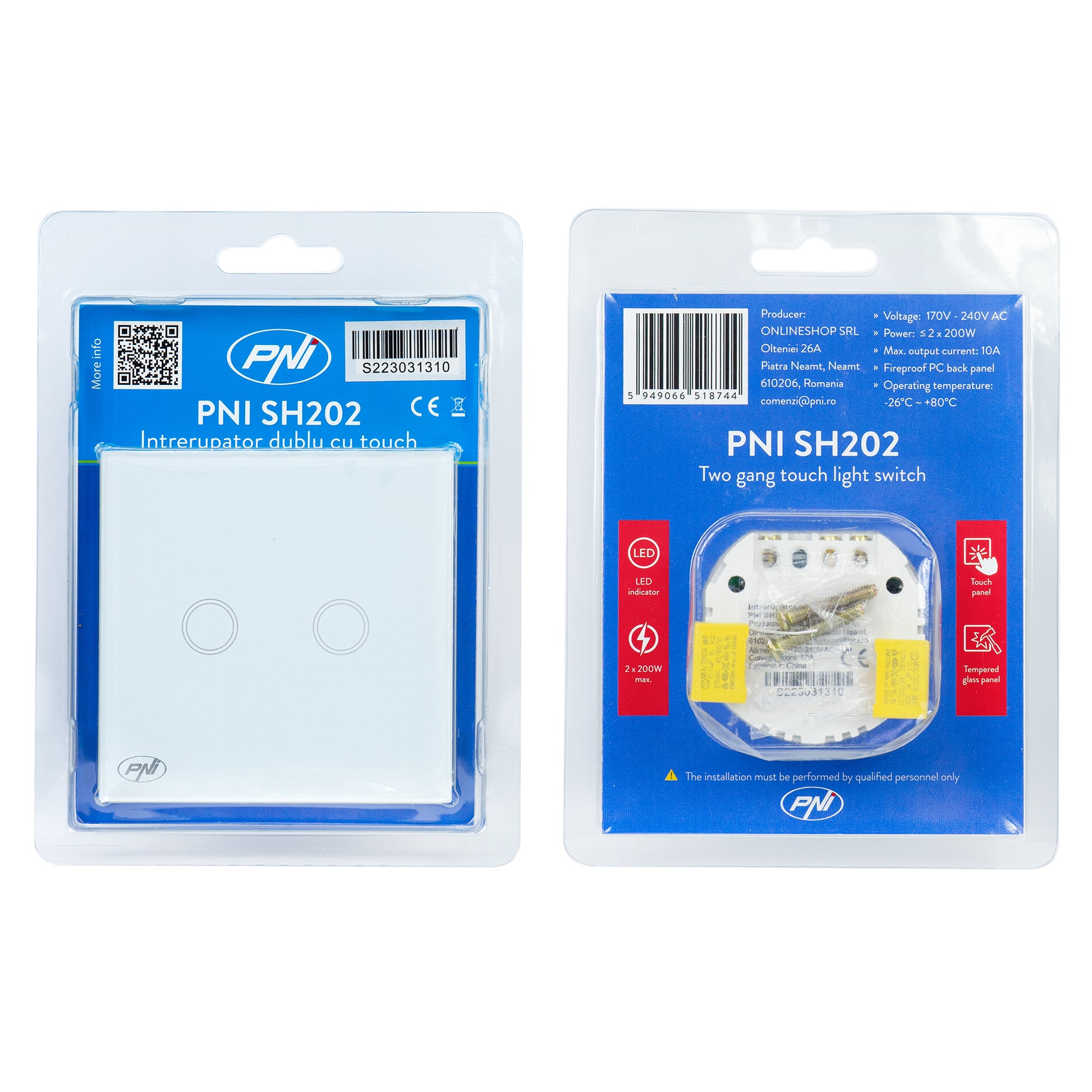 Intrerupator dublu cu touch PNI SH202 din sticla, alb cu LED indicator