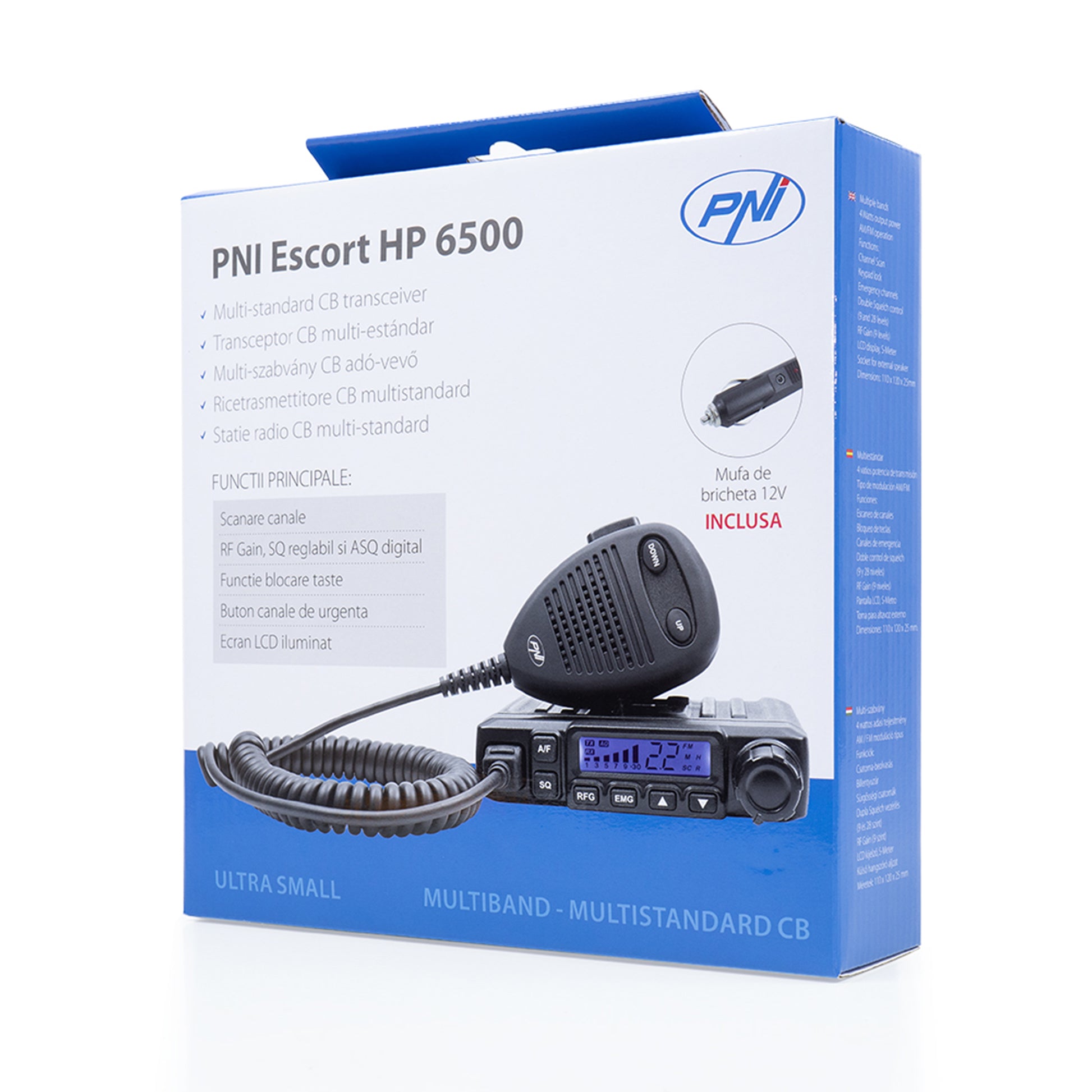 Statie radio CB PNI Escort HP 6500, multistandard, 4W, AM-FM, 12V, ASQ, RF Gain, mufa de bricheta inclusa AM/FM comutati doar in banda EU