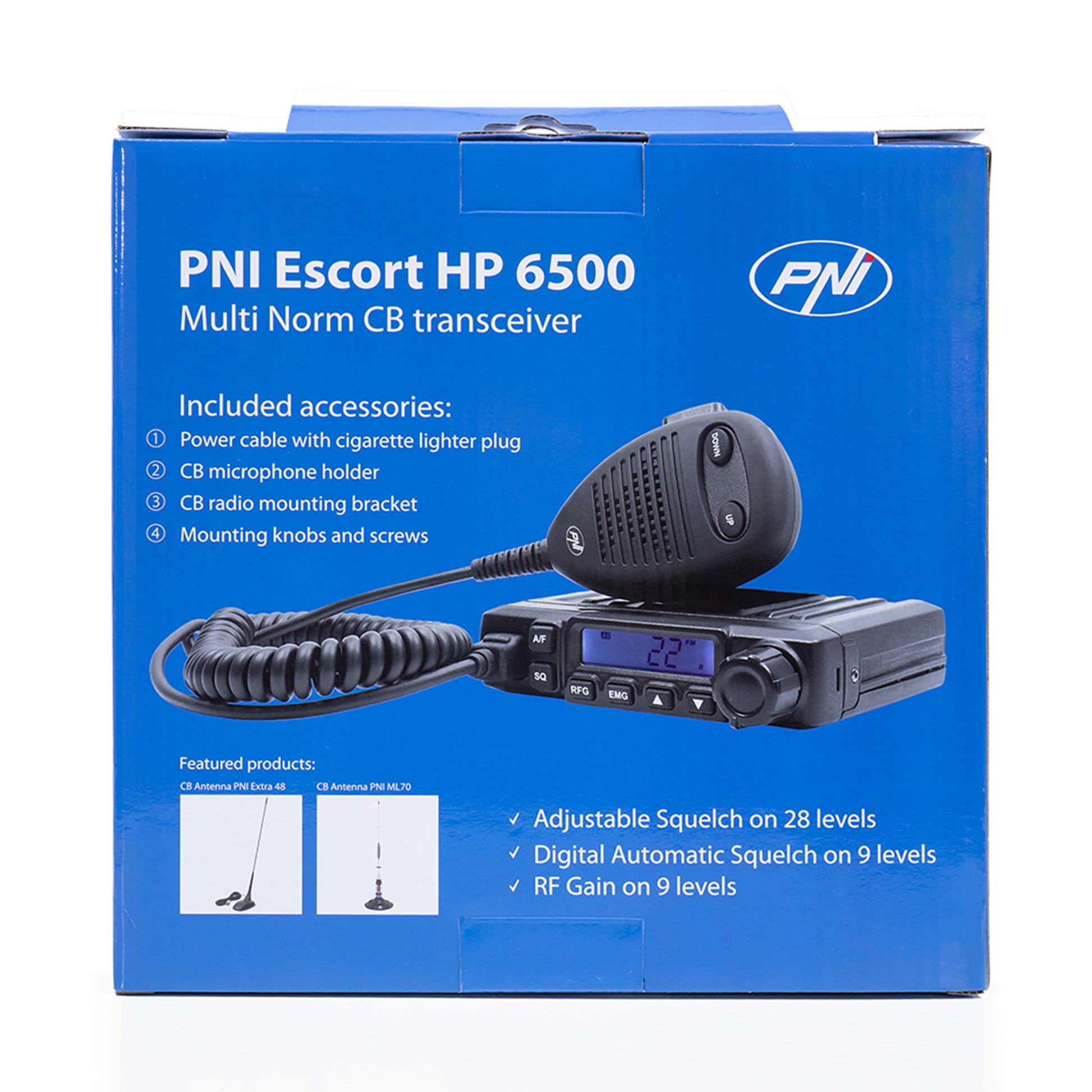 Statie radio CB PNI Escort HP 6500, multistandard, 4W, AM-FM, 12V, ASQ, RF Gain, mufa de bricheta inclusa AM/FM comutati doar in banda EU