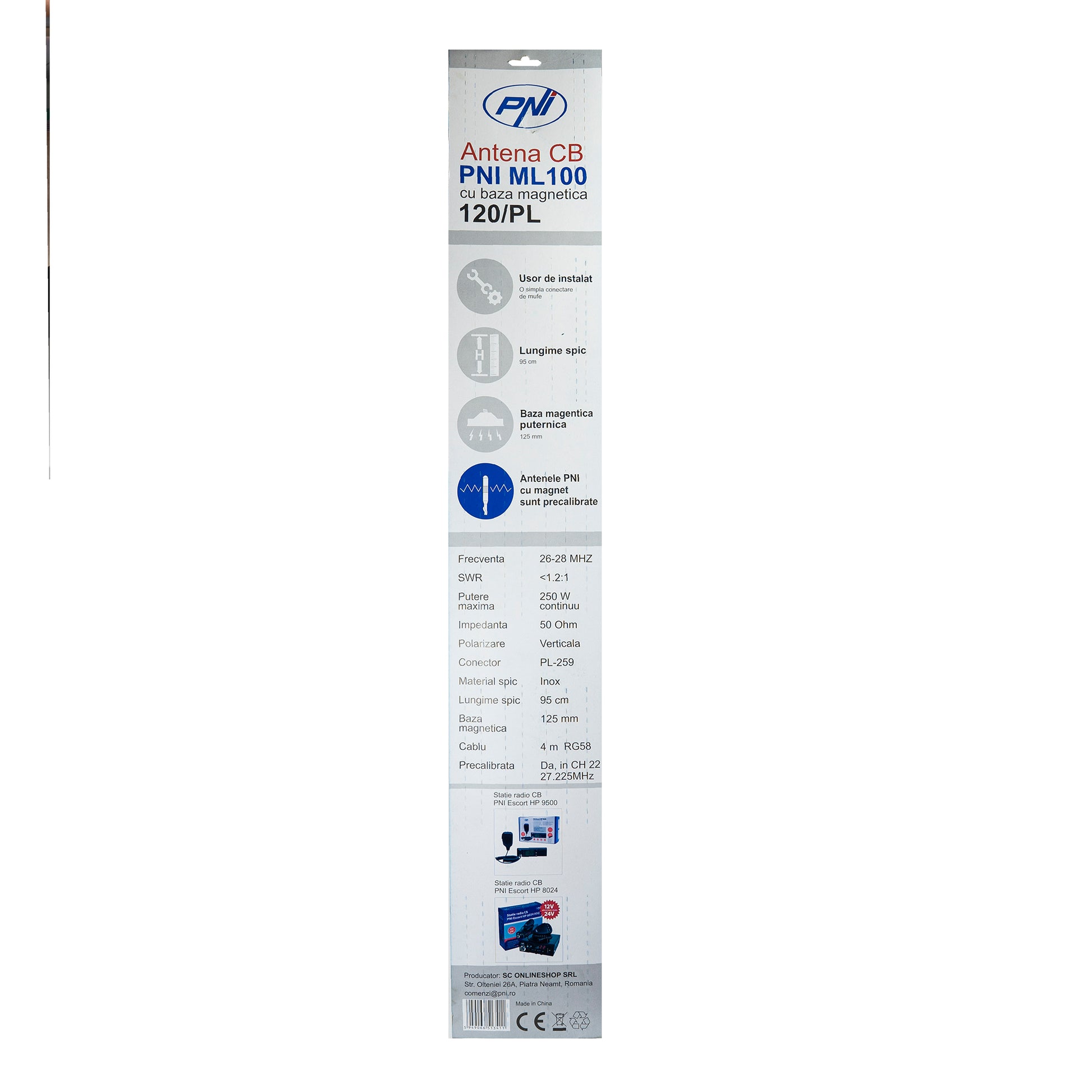 Antena CB PNI ML100, lungime 100 cm, 26-30MHz,250W, magnet 125mm inclus