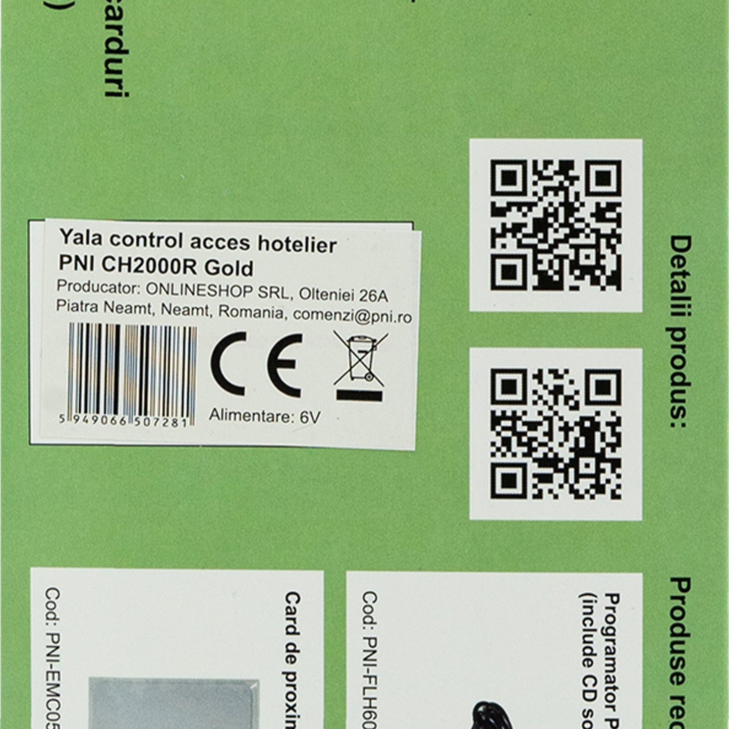 Yala control acces hotelier PNI CH2000R Gold cu cititor de card deschidere pe partea dreapta