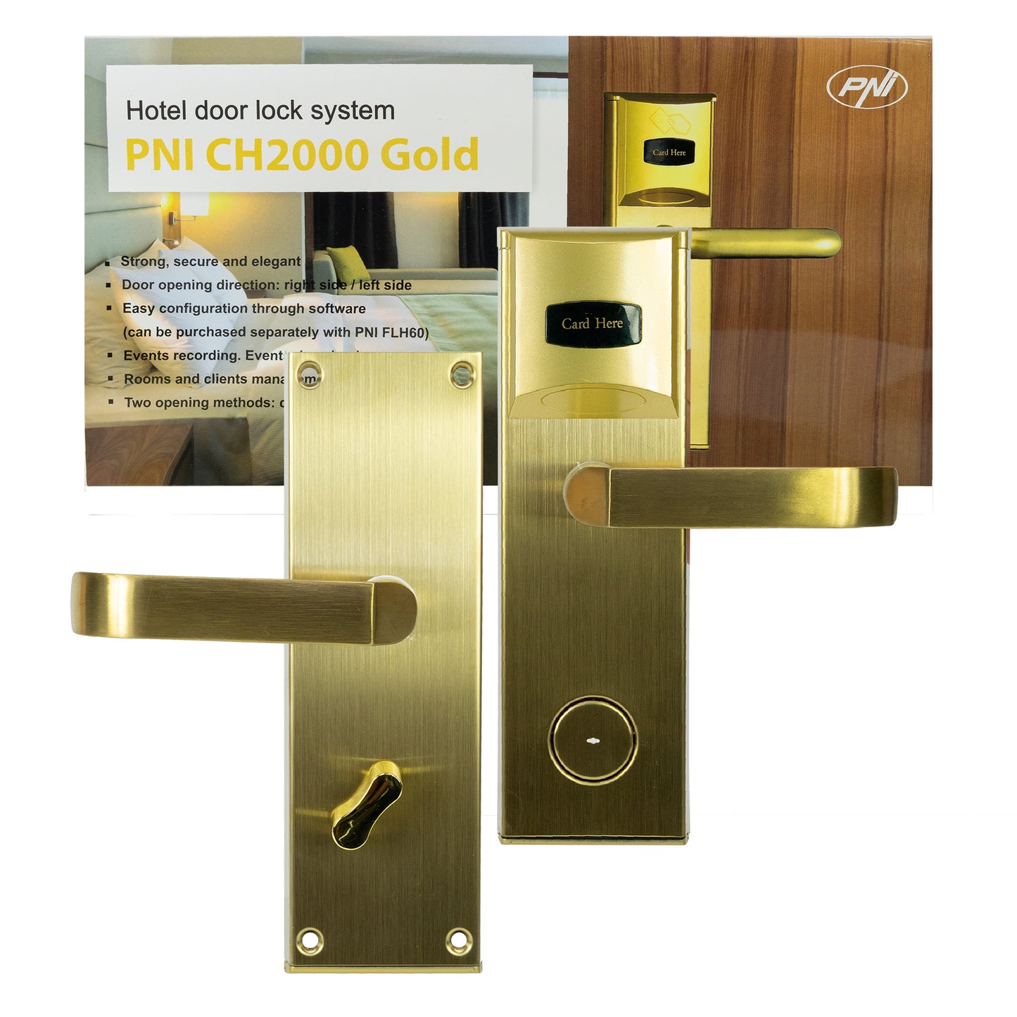 Yala control acces hotelier PNI CH2000R Gold cu cititor de card deschidere pe partea dreapta