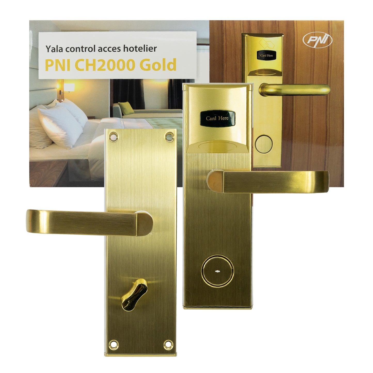 Yala control acces hotelier PNI CH2000R Gold cu cititor de card deschidere pe partea dreapta