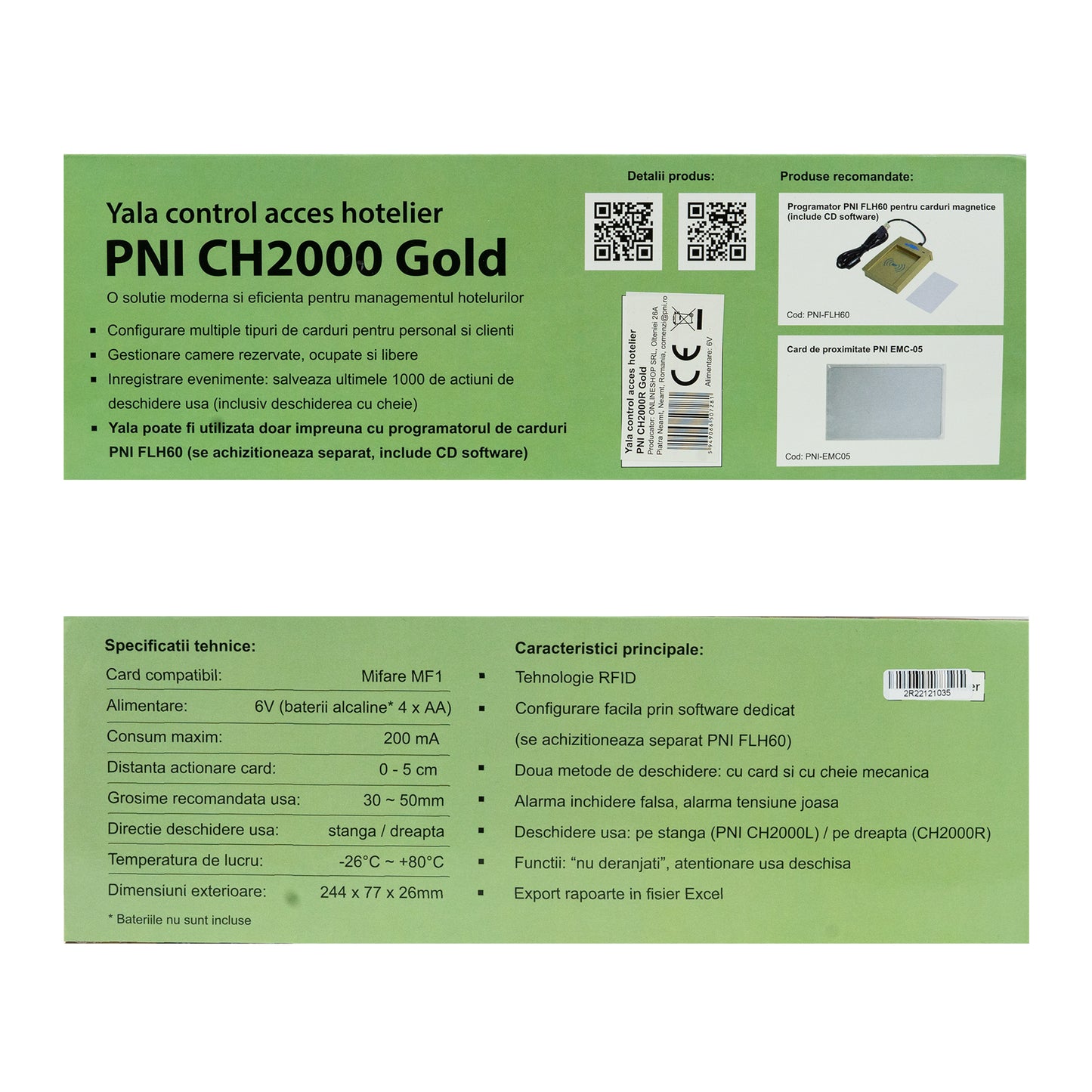 Yala control acces hotelier PNI CH2000R Gold cu cititor de card deschidere pe partea dreapta