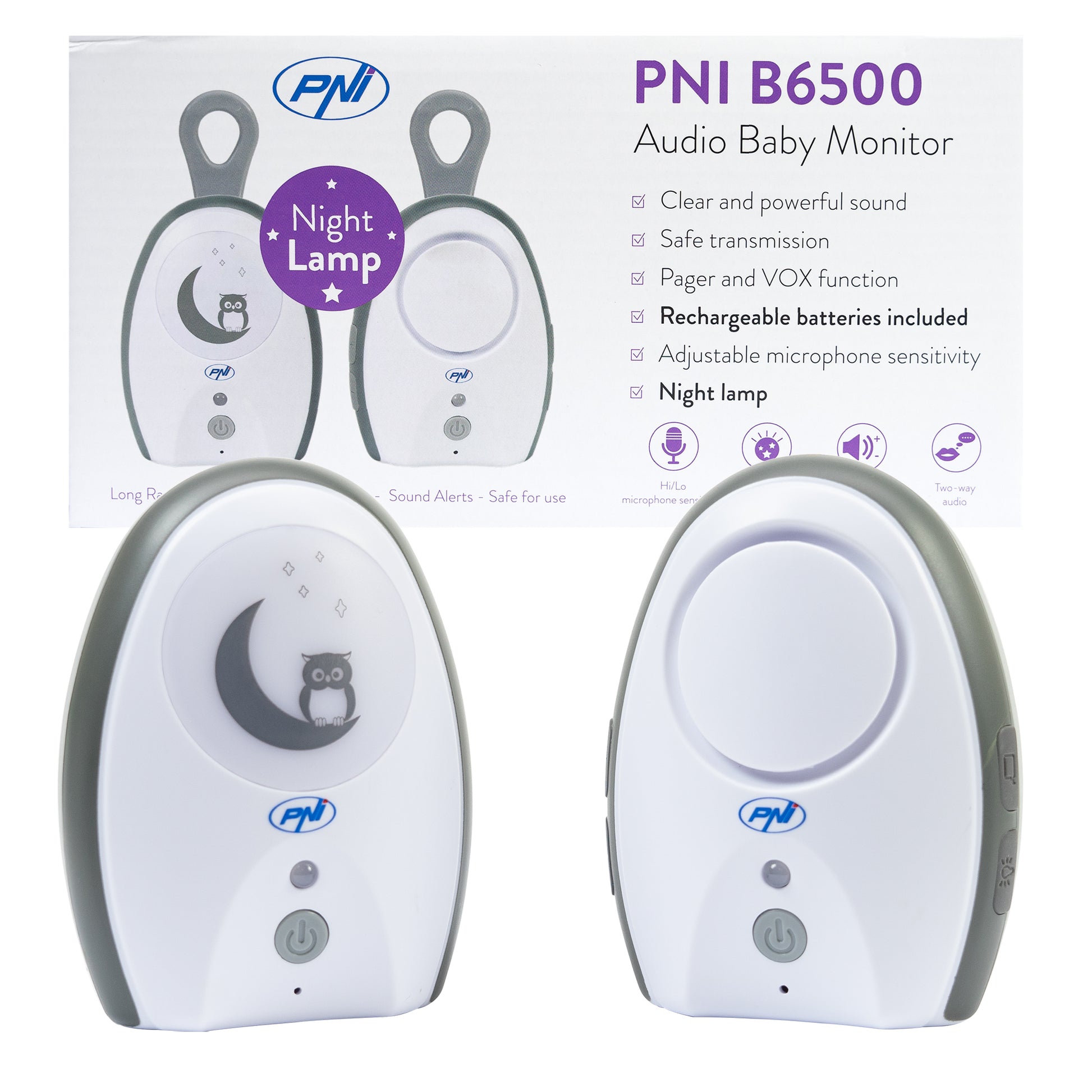 Audio Baby Monitor PNI B6500 wireless, intercom, cu lampa de noapte, functie Vox si Pager, sensibilitate microfon reglabila