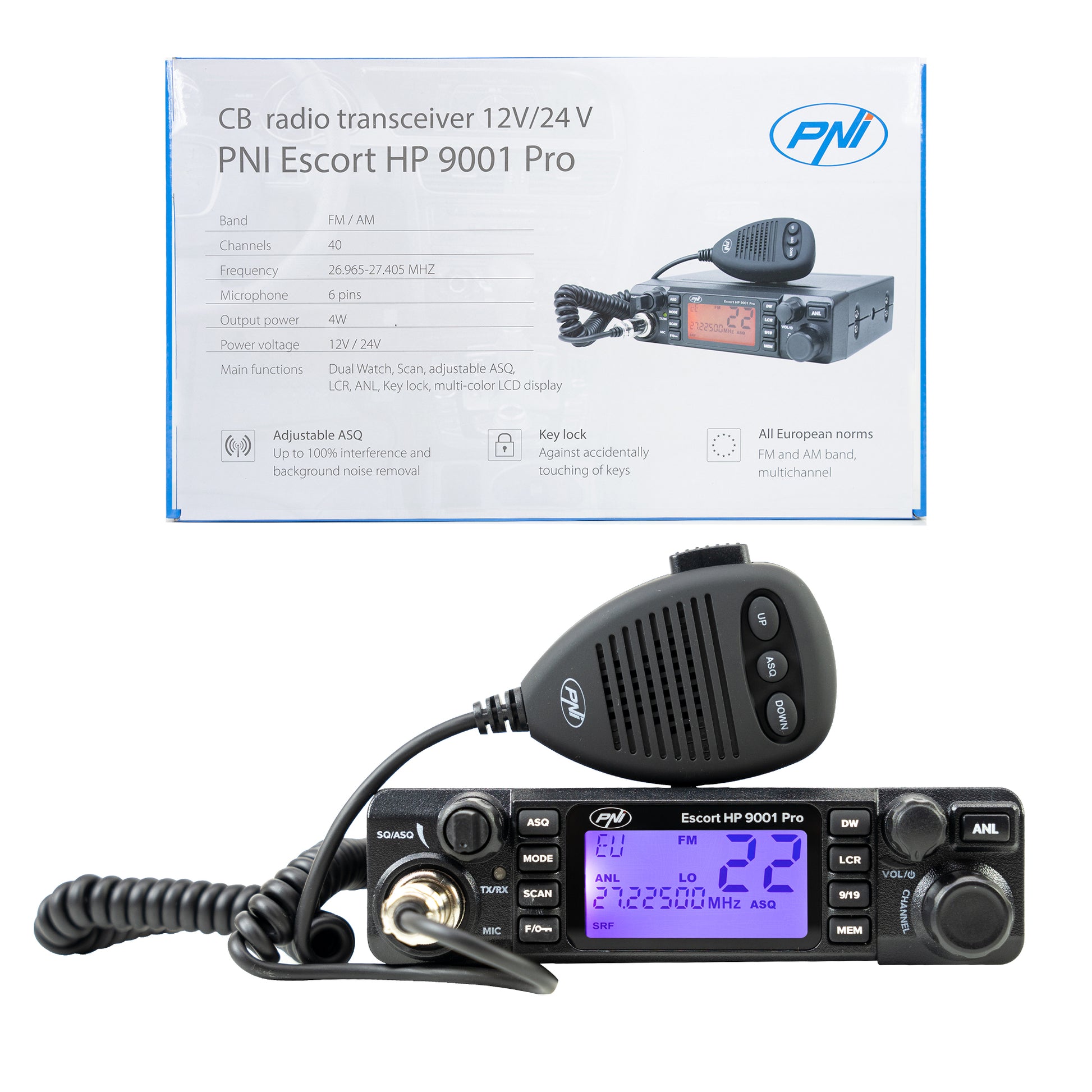 Statie radio CB PNI Escort HP 9001 PRO ASQ reglabil, AM-FM, 12V/24V, 4W, Scan, Dual Watch, ANL, ecran multicolor