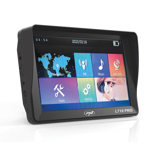 Sistem de navigatie GPS PNI L710 PRO cu parasolar, 7 inch, 800 MHz, 256MB DDR, 16GB memorie interna, FM transmitter, cu doua alimentatoare auto incluse