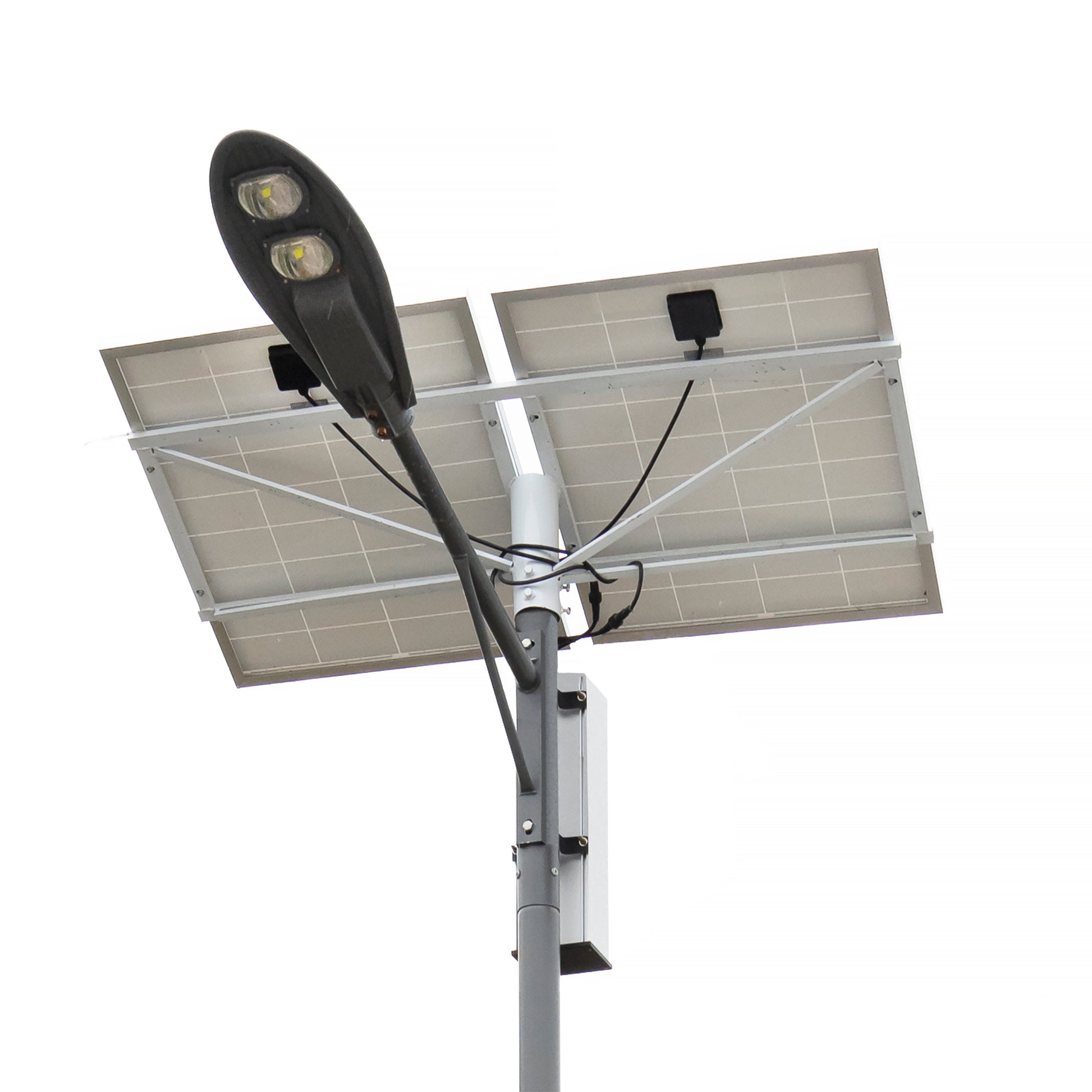 Stalp de iluminat stradal PNI SL802 cu doua panouri fotovoltaice 2 x 80W, proiector LED 2 x 30W, acumulator 60Ah si stalp de montaj lungime 6 metri
