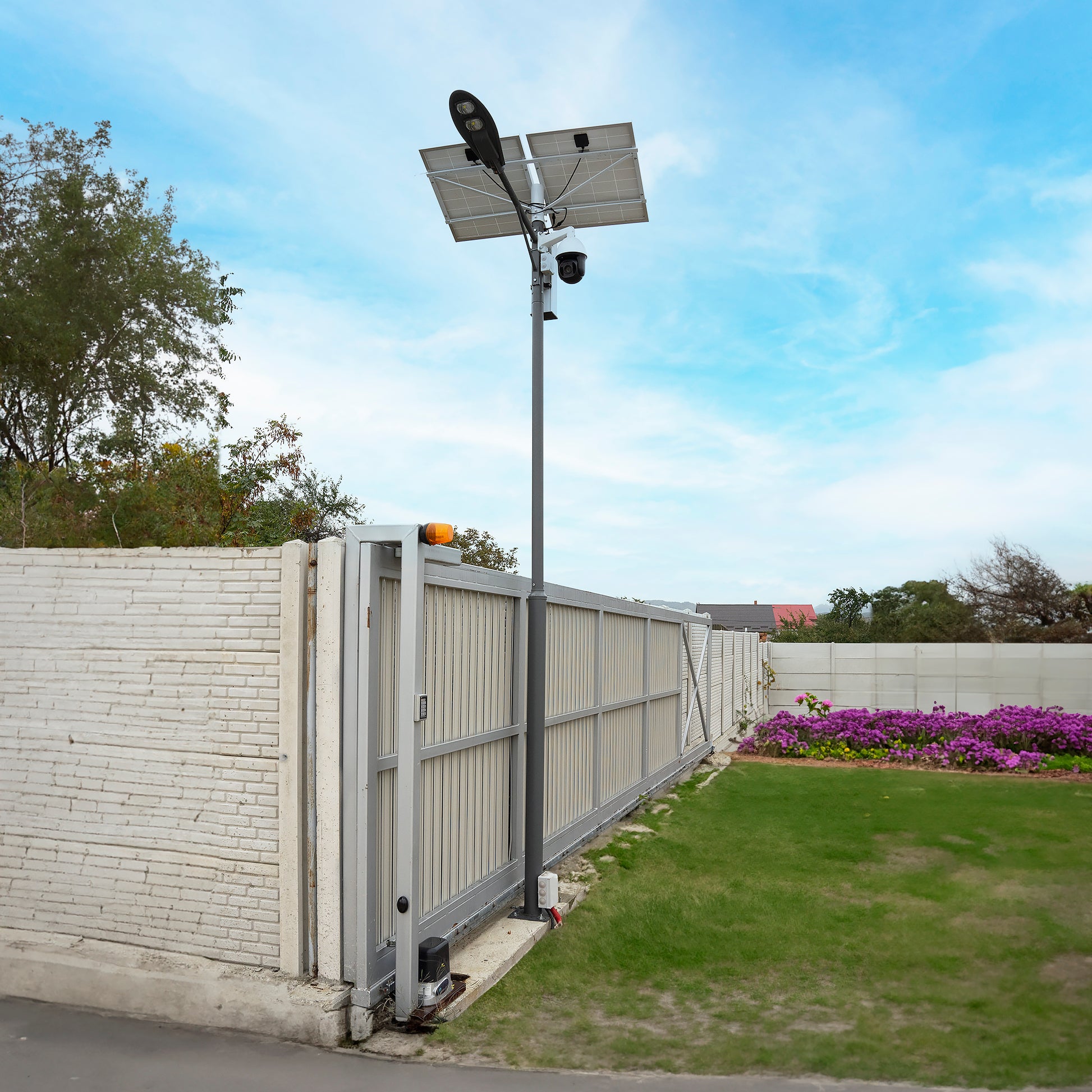 Stalp de iluminat stradal PNI SL802 cu doua panouri fotovoltaice 2 x 80W, proiector LED 2 x 30W, acumulator 60Ah si stalp de montaj lungime 6 metri