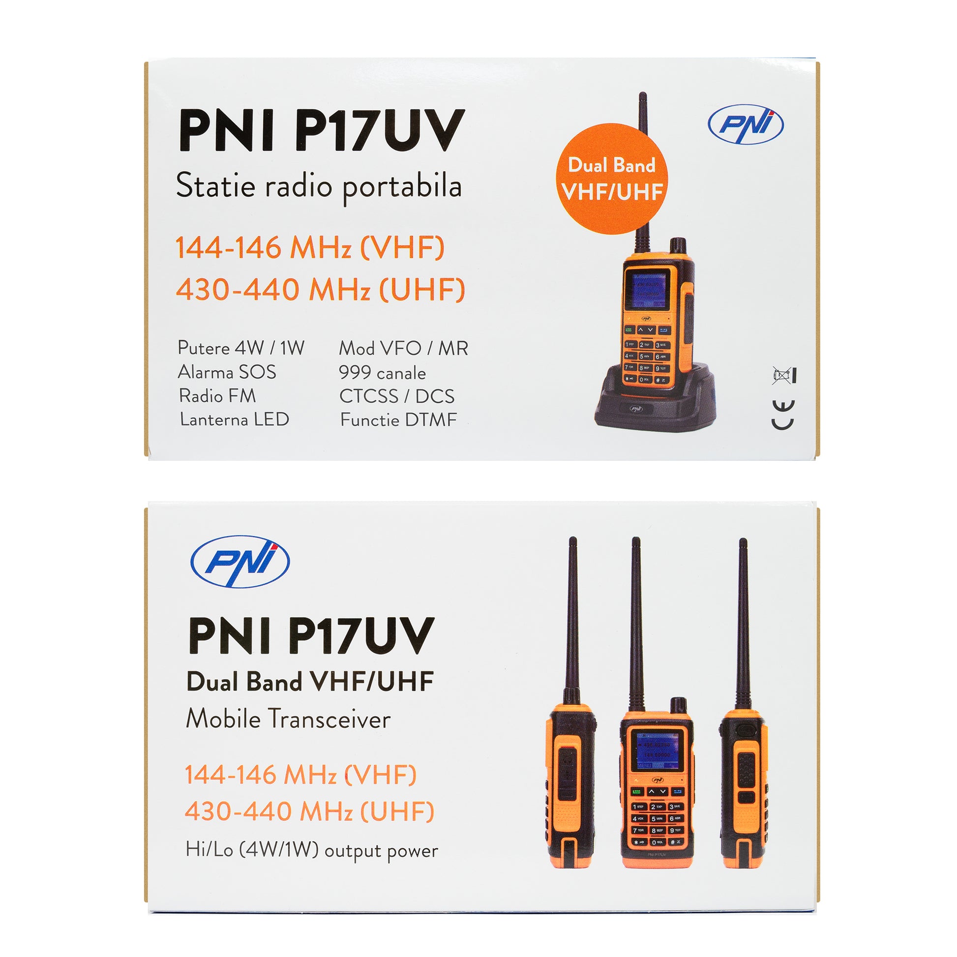 Statie radio portabila VHF/UHF PNI P17UV dual band 144-146MHz si 430-440MHz, 999CH, 1500mAh, Scan, Dual Watch, Roger Beep, functie Radio FM si lanterna semnalizare