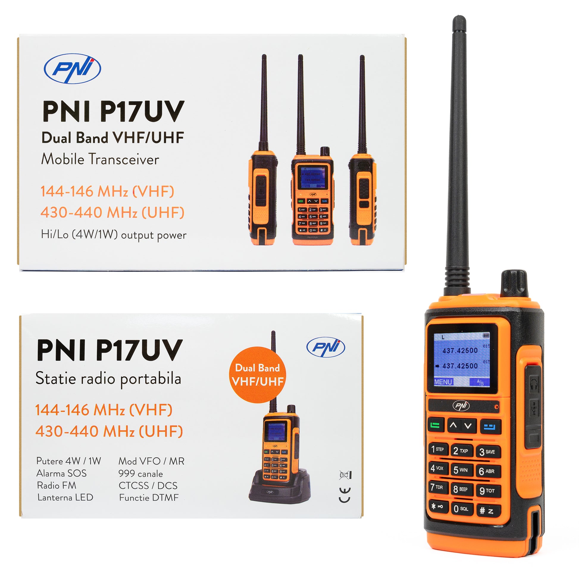 Statie radio portabila VHF/UHF PNI P17UV dual band 144-146MHz si 430-440MHz, 999CH, 1500mAh, Scan, Dual Watch, Roger Beep, functie Radio FM si lanterna semnalizare