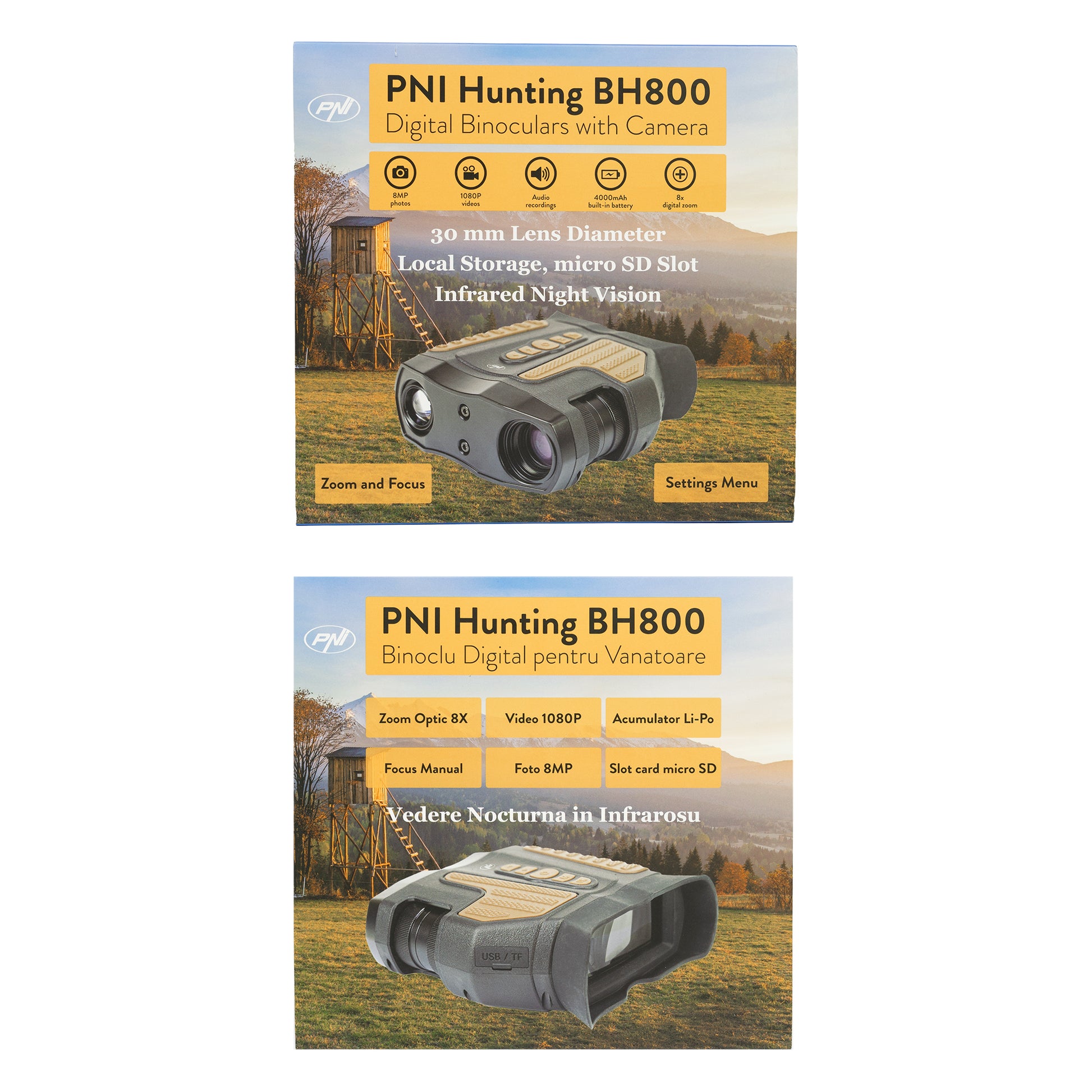 Binoclu digital pentru vanatoare PNI Hunting BH800, zoom 18X, 10x optic + 8X digital, infrared night vision, functioneaza si noaptea