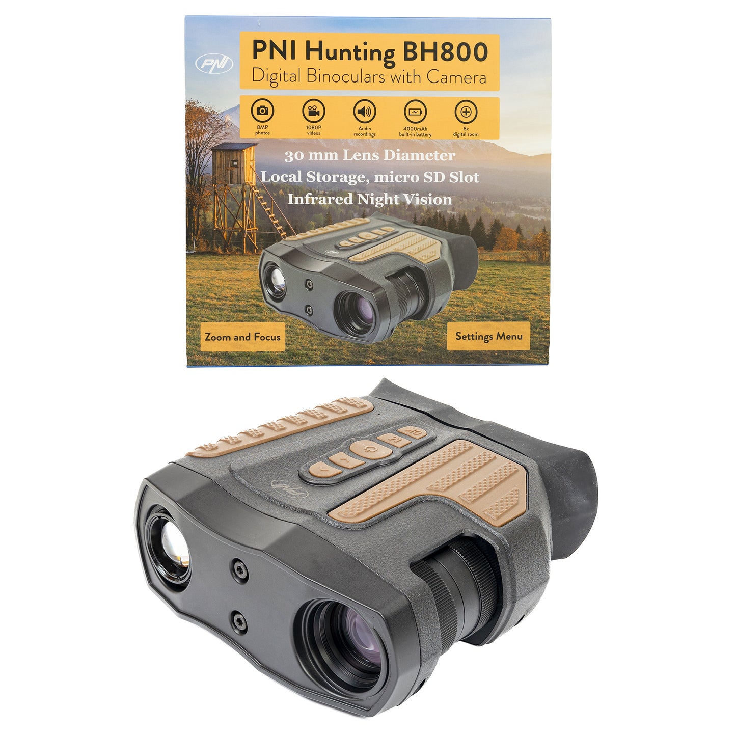 Binoclu digital pentru vanatoare PNI Hunting BH800, zoom 18X, 10x optic + 8X digital, infrared night vision, functioneaza si noaptea