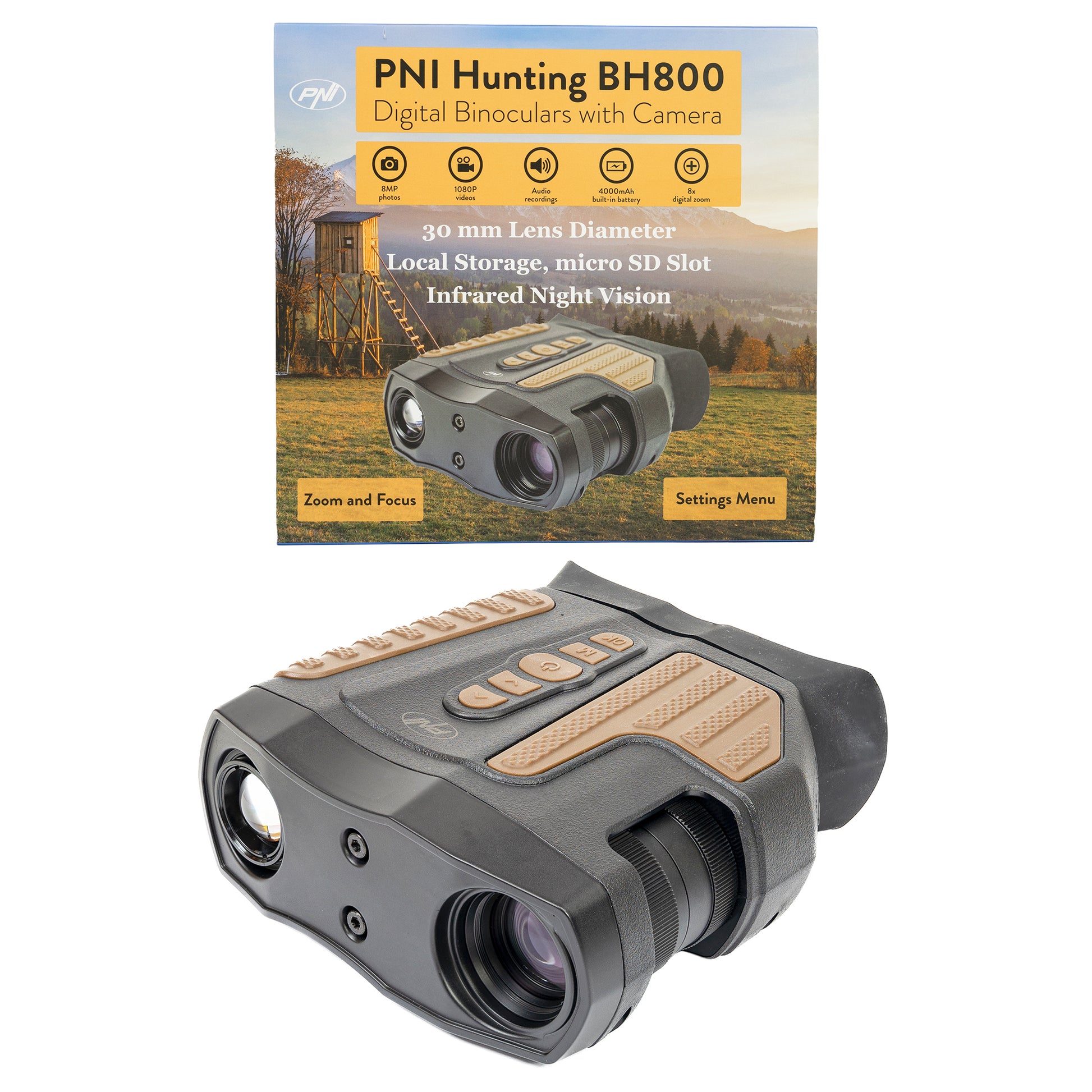 Binoclu digital pentru vanatoare PNI Hunting BH800, zoom 18X, 10x optic + 8X digital, infrared night vision, functioneaza si noaptea