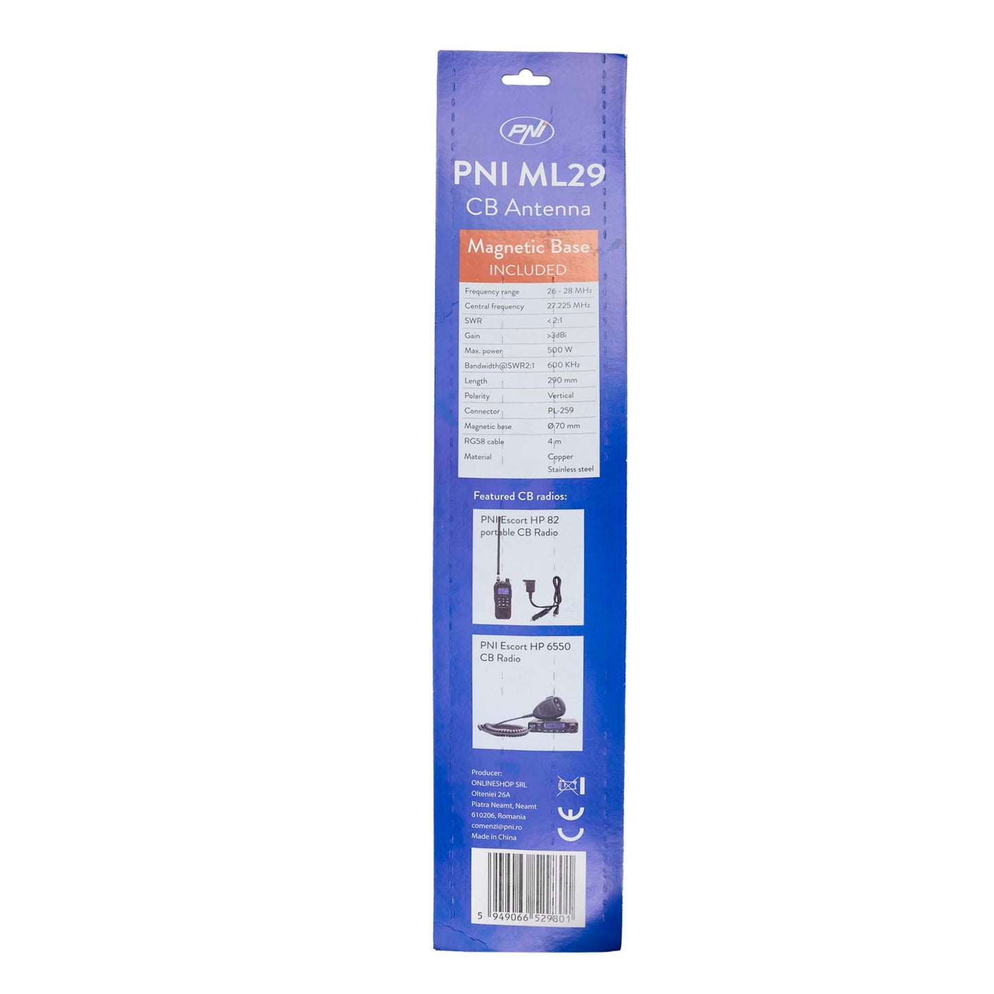 Antena CB PNI ML29 lungime 34 cm, cu magnet inclus diametru 70 mm si cablu RG58