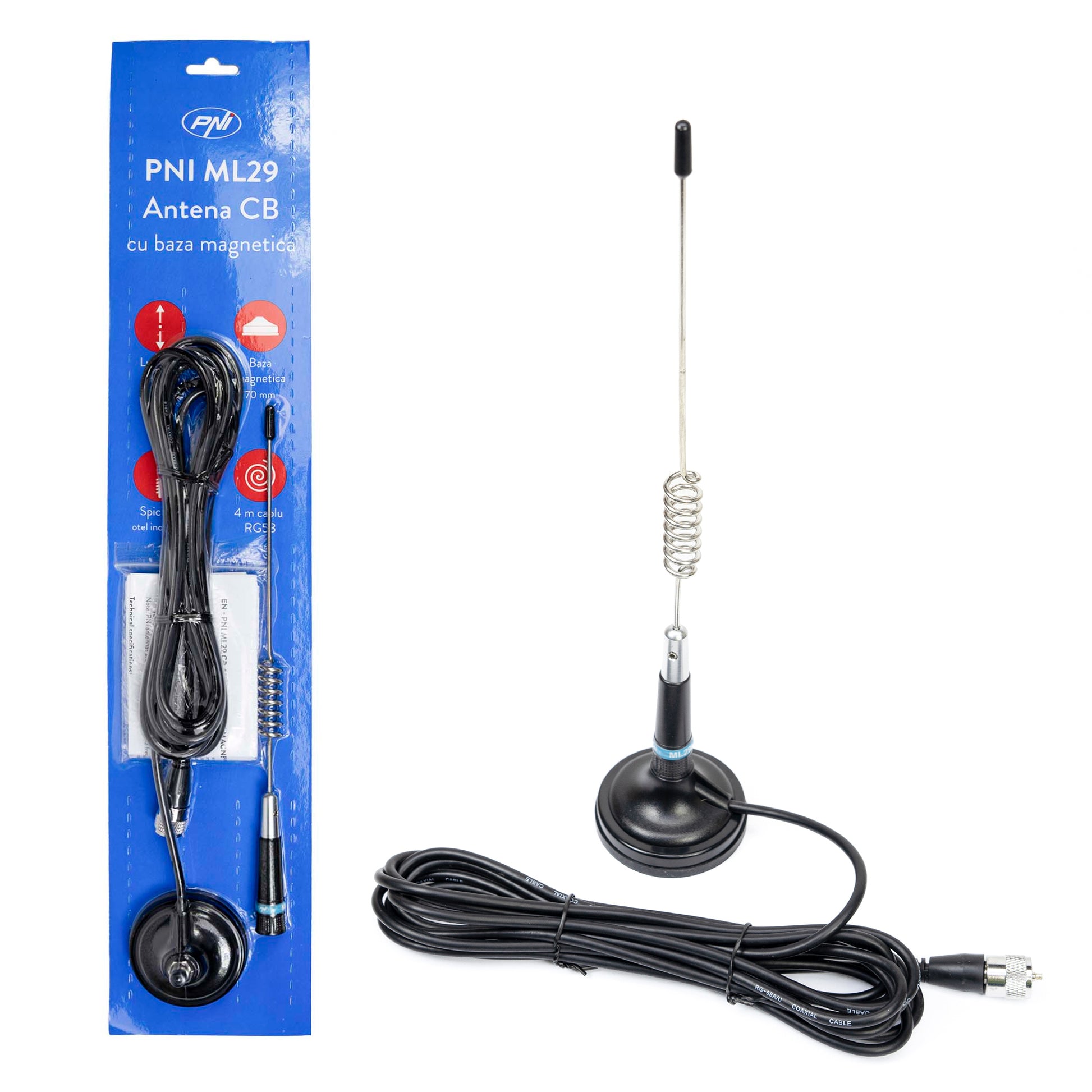 Antena CB PNI ML29 lungime 34 cm, cu magnet inclus diametru 70 mm si cablu RG58