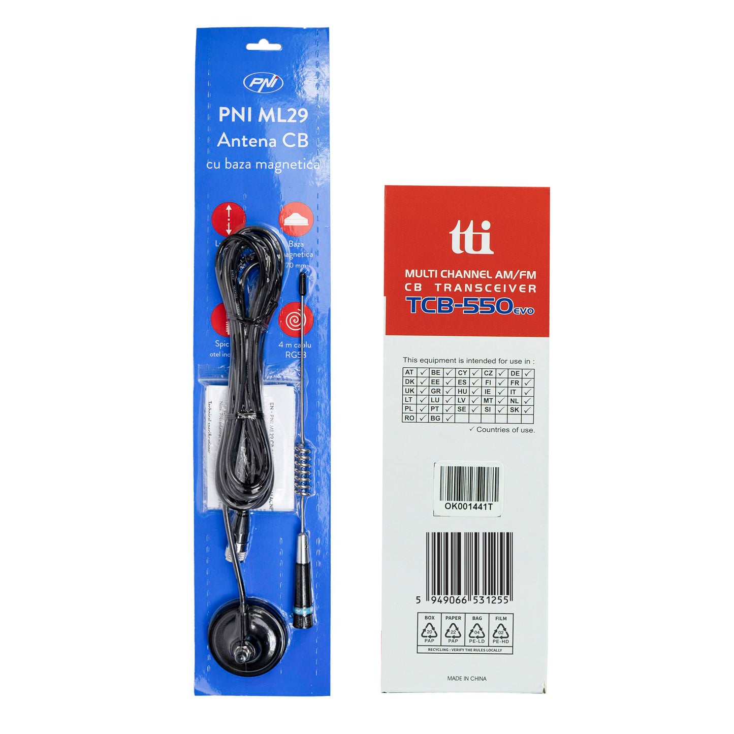 Kit Statie radio CB TTi TCB-550 EVO + Antena CB PNI ML29, lungime 34 cm